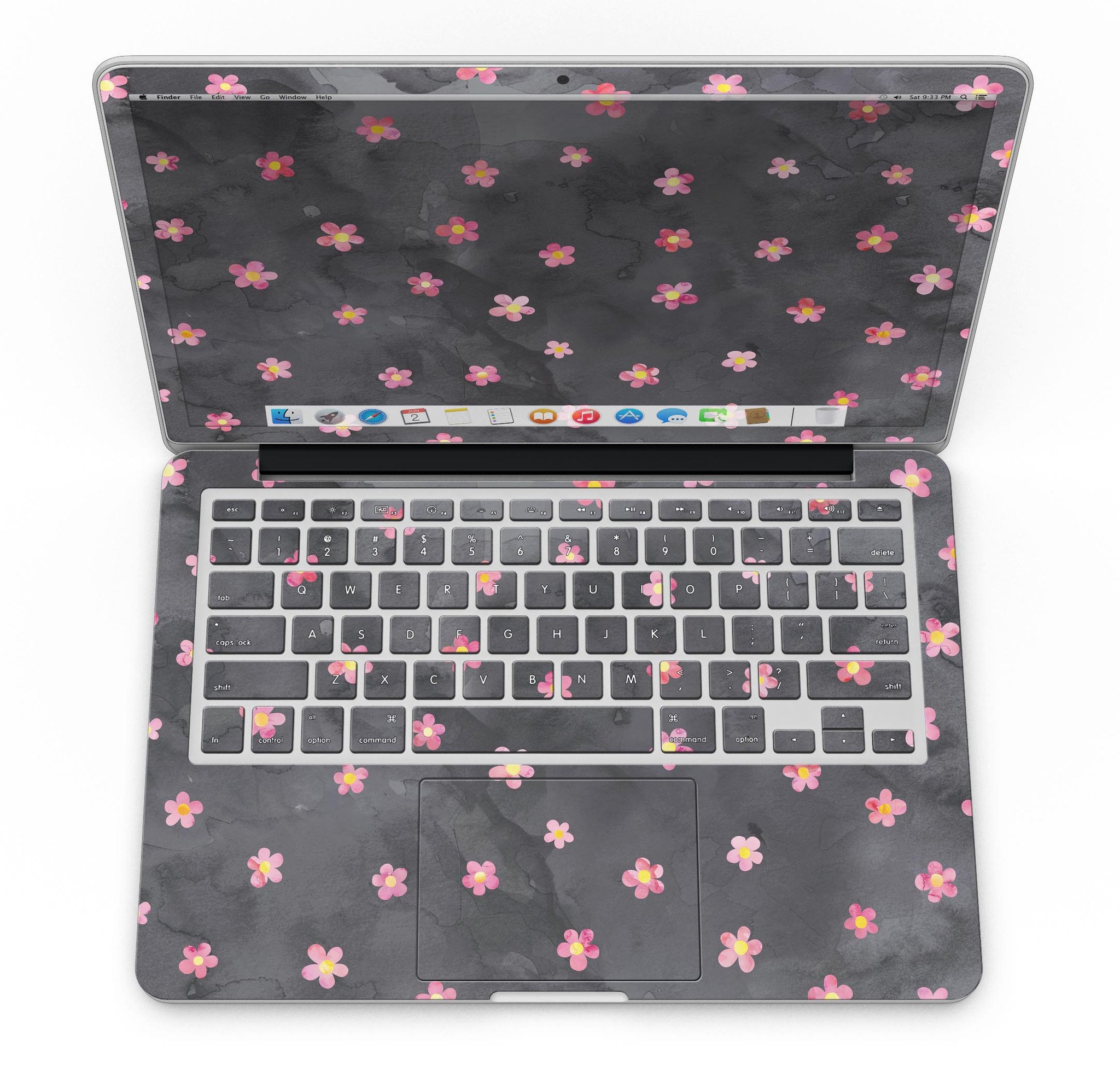 Cute Watercolor Flowers skin for MacBook Pro with Retina Display, showcasing vibrant floral design on a black background.
