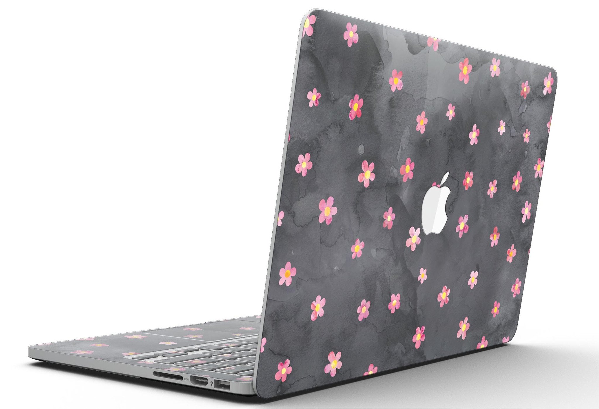 Cute Watercolor Flowers skin for MacBook Pro with Retina Display, showcasing vibrant floral design on a black background.