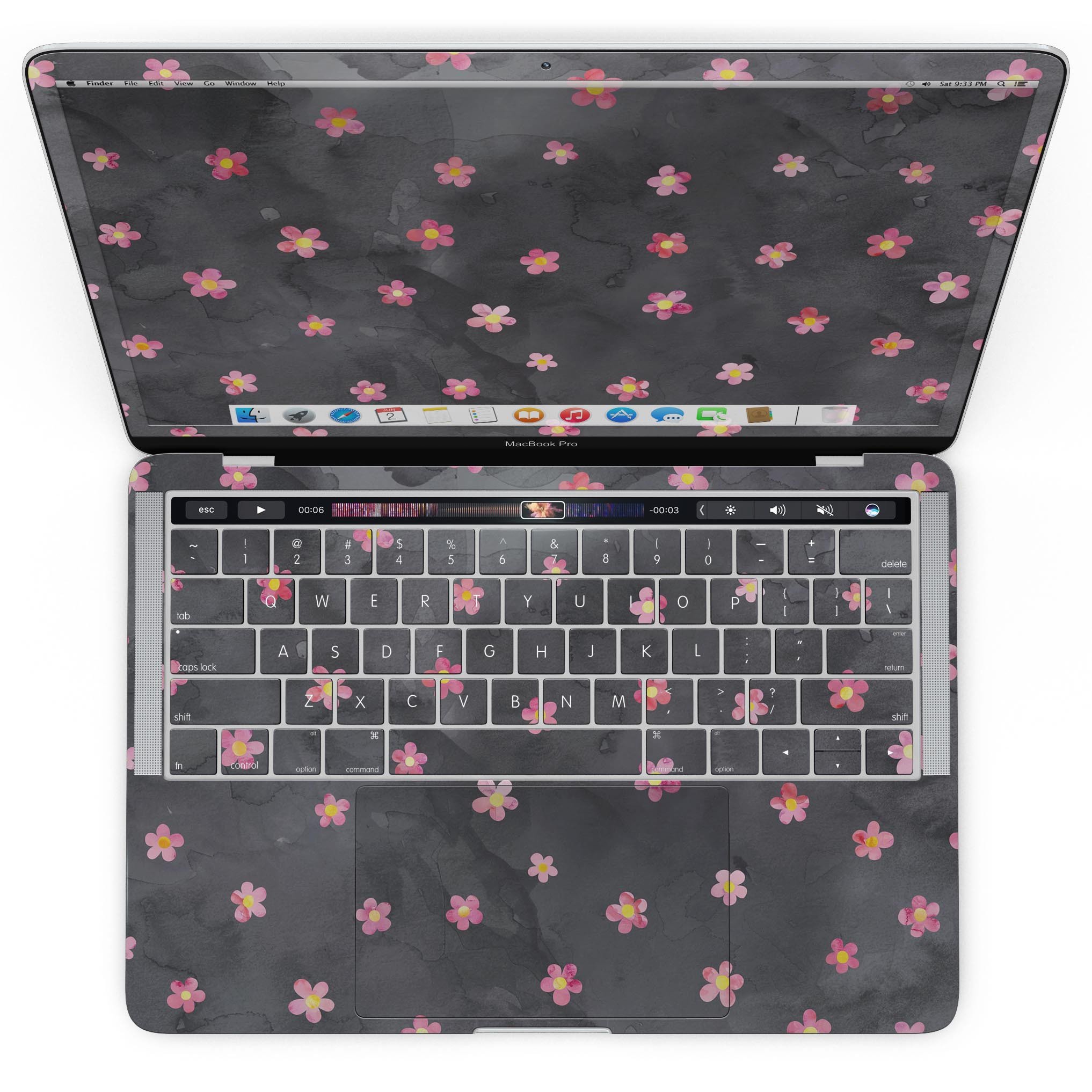 Cute Watercolor Flowers skin for MacBook Pro with Touch Bar, showcasing vibrant floral design on a black background.