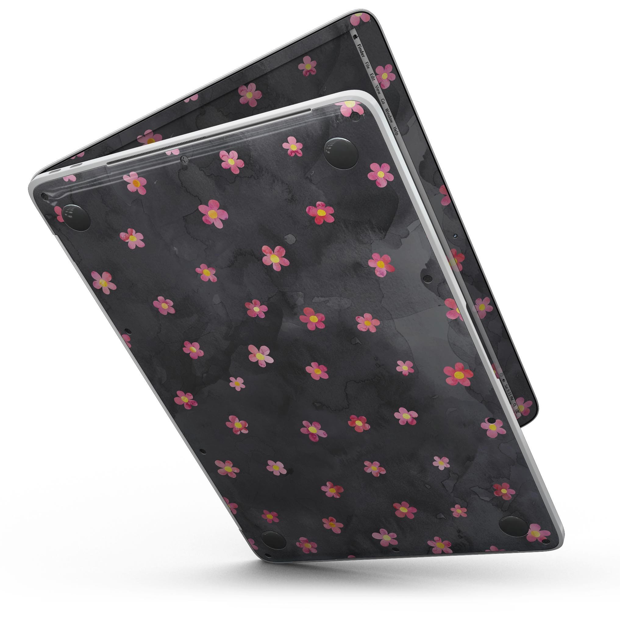 Cute Watercolor Flowers skin for MacBook Pro with Touch Bar, showcasing vibrant floral design on a black background.