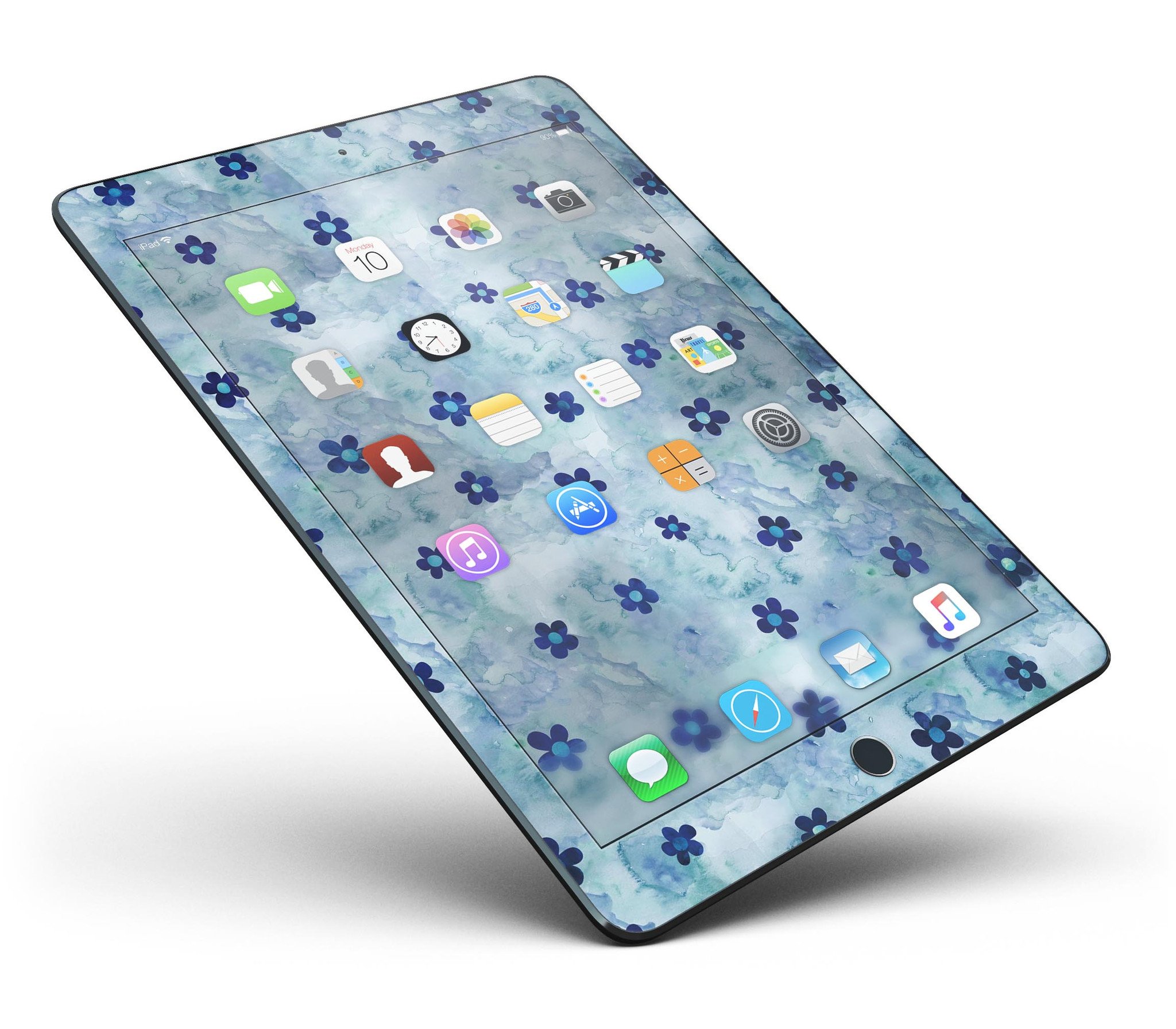 Cute Watercolor Flowers skin for iPad Pro, featuring vibrant floral patterns on a blue background, designed for full body protection.