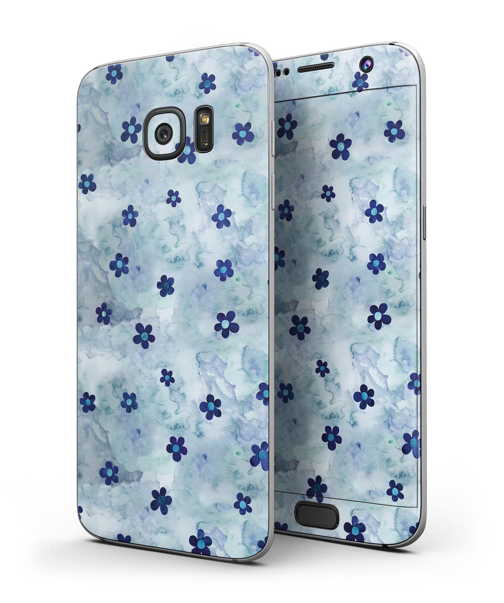 Cute Watercolor Flowers Skin-Kit for Samsung Galaxy S7/S7 Edge, showcasing vibrant floral designs on a blue background.