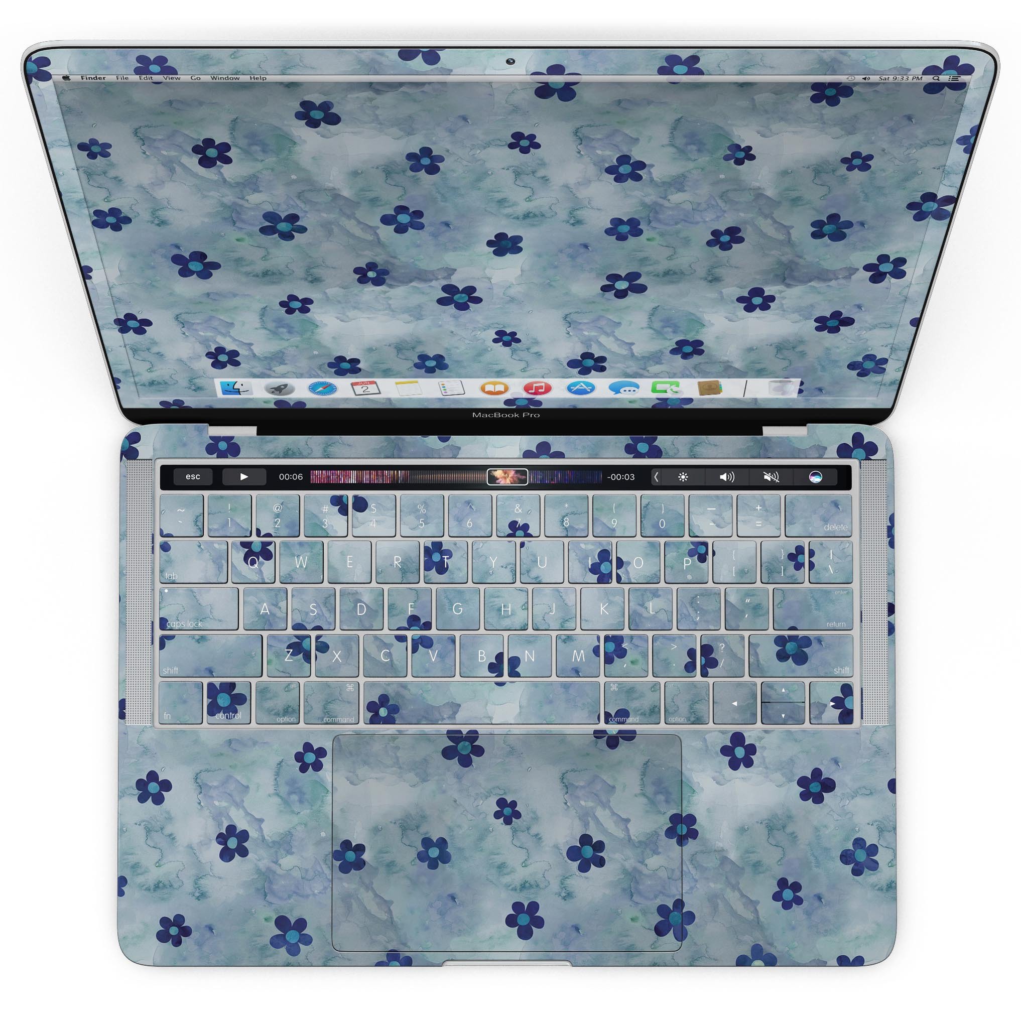 Cute Watercolor Flowers skin for MacBook Pro with Touch Bar, showcasing vibrant floral design on a blue background.