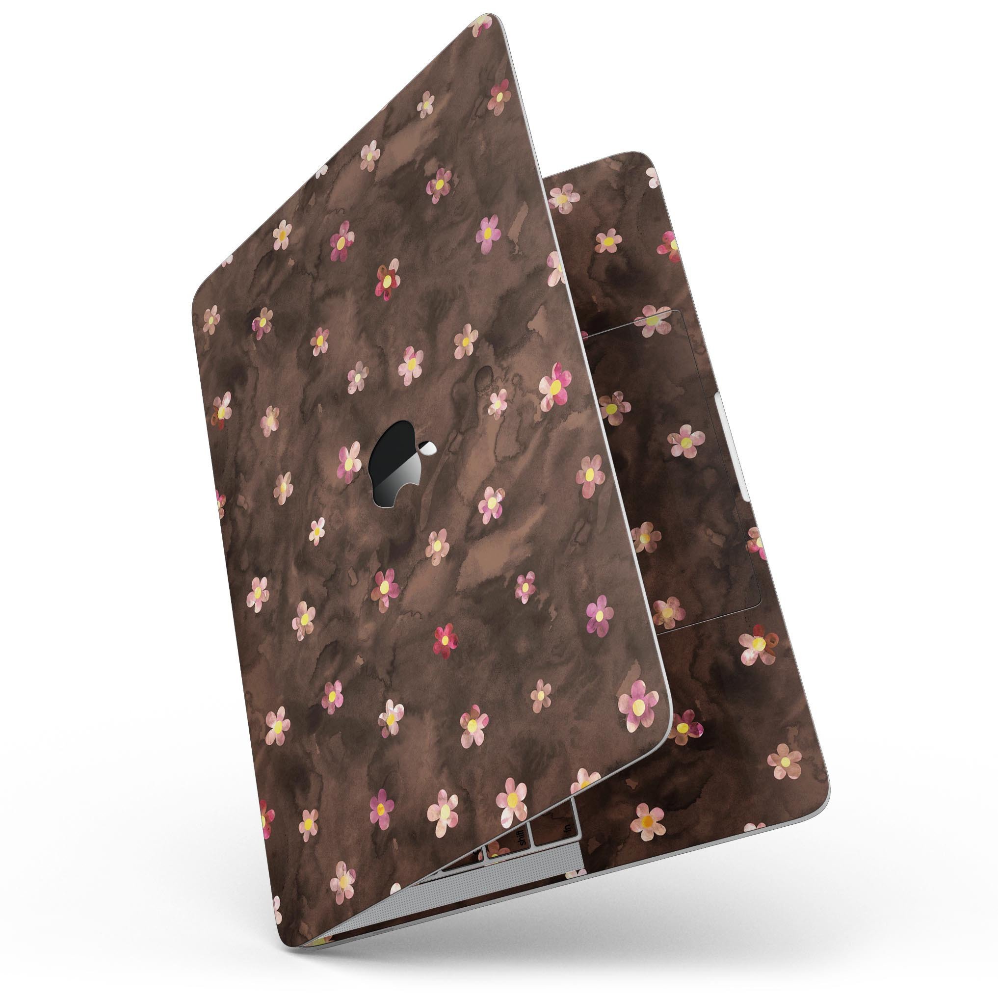 Cute watercolor flowers design skin for 13" MacBook Pro without Touch Bar, showcasing vibrant floral patterns on a brown background.