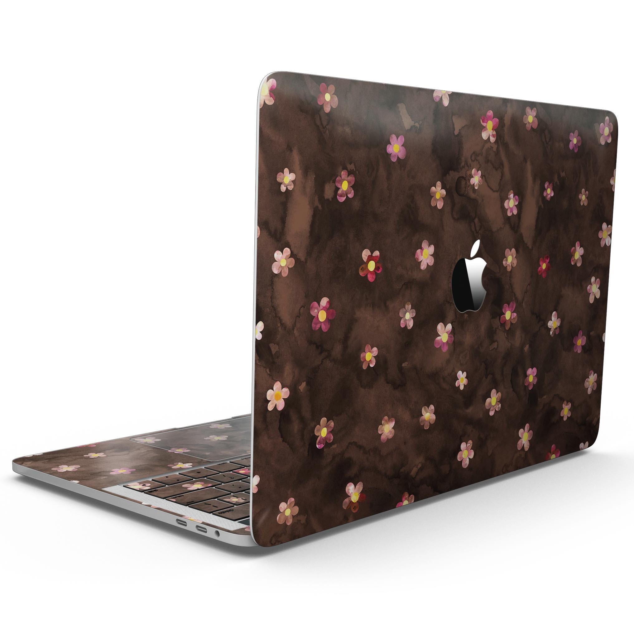 Cute watercolor flowers design skin for 13" MacBook Pro without Touch Bar, showcasing vibrant floral patterns on a brown background.