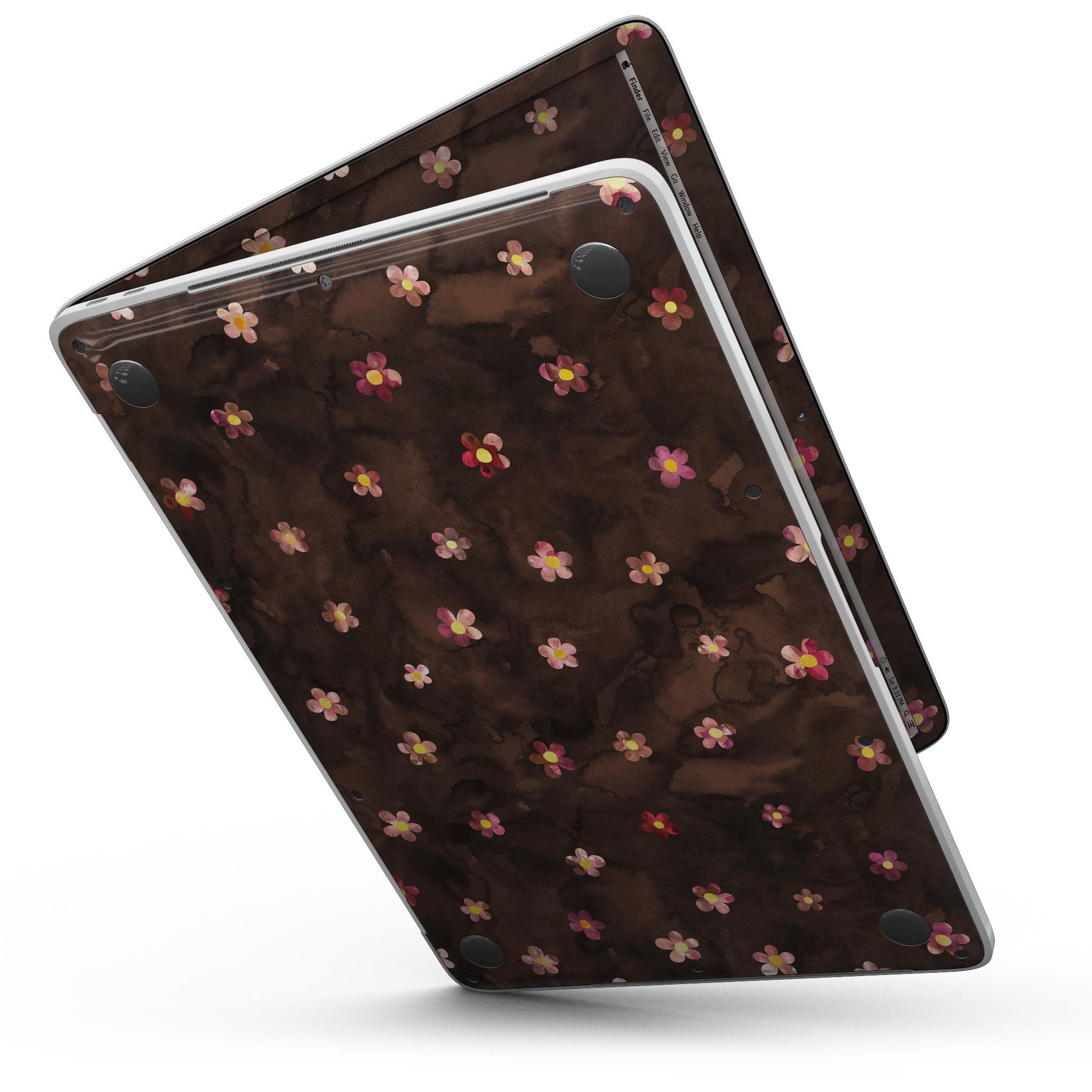 Cute watercolor flowers design skin for 13" MacBook Pro without Touch Bar, showcasing vibrant floral patterns on a brown background.