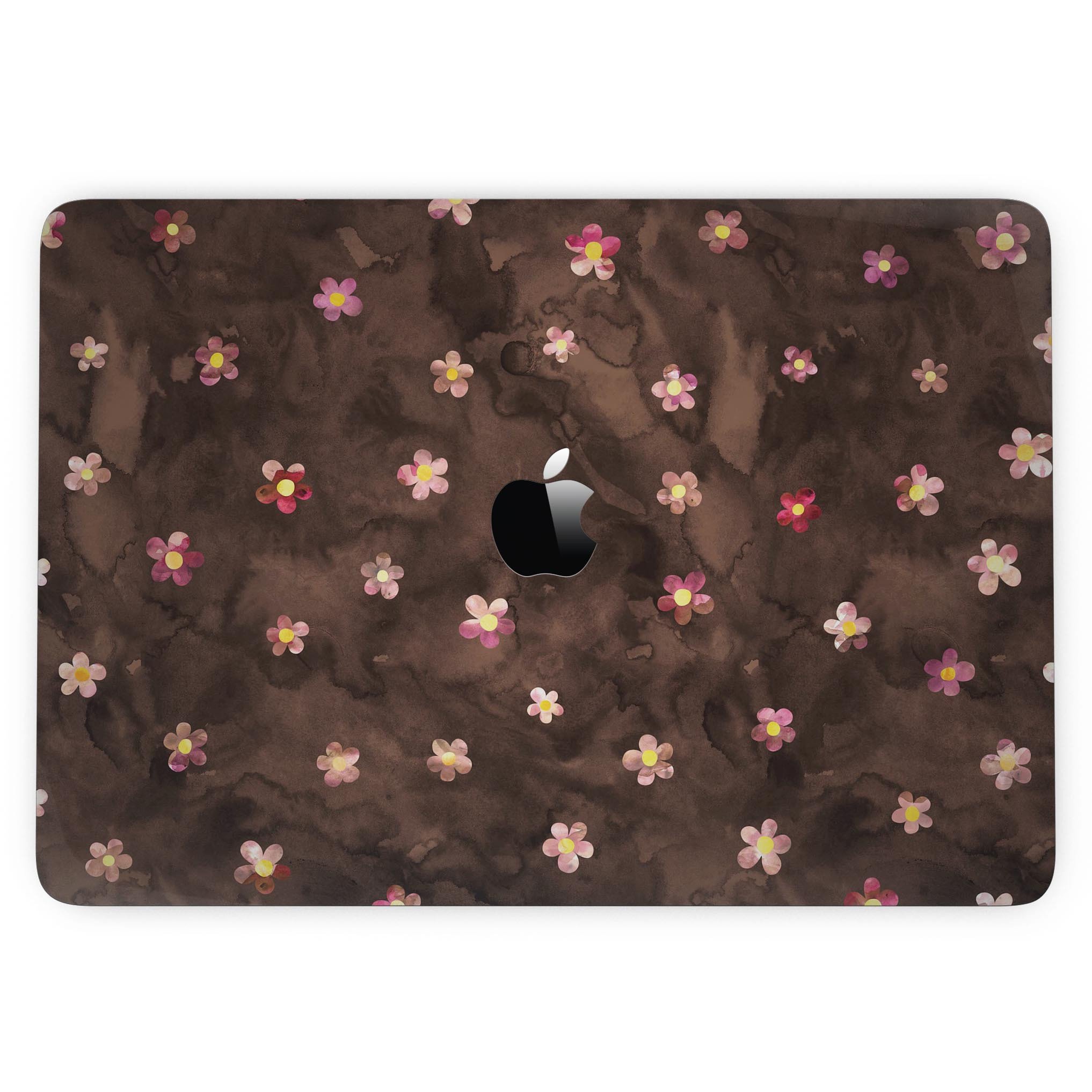 Cute watercolor flowers design skin for 13" MacBook Pro without Touch Bar, showcasing vibrant floral patterns on a brown background.