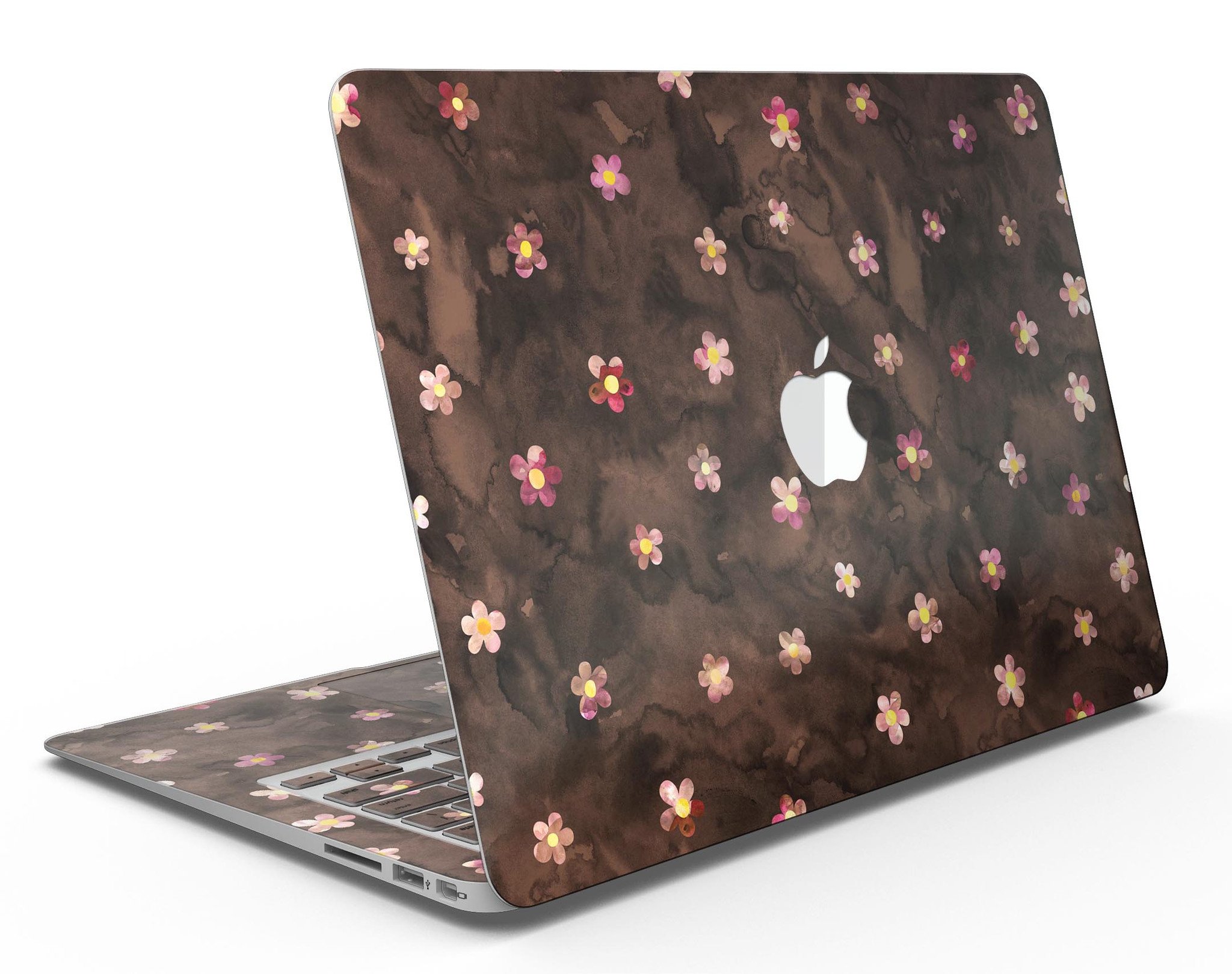 Cute Watercolor Flowers skin kit for MacBook Air, featuring a vibrant floral design on a brown background, showcasing style and protection.