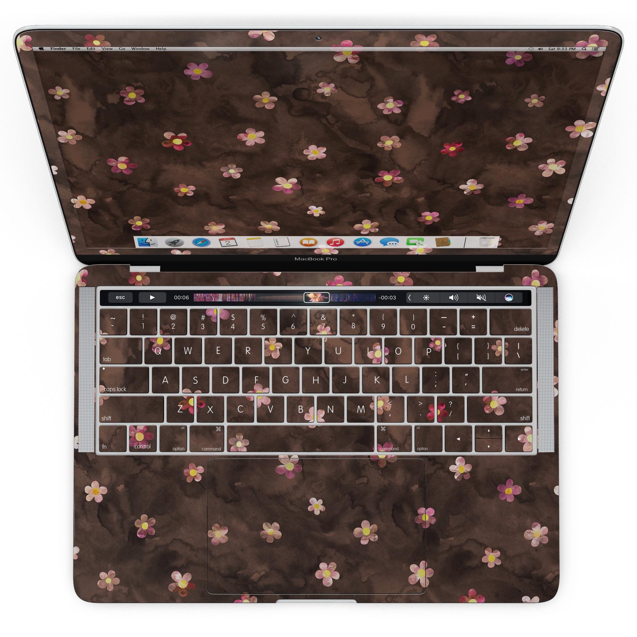 Cute Watercolor Flowers skin for MacBook Pro with Touch Bar, showcasing vibrant floral design on a brown background.