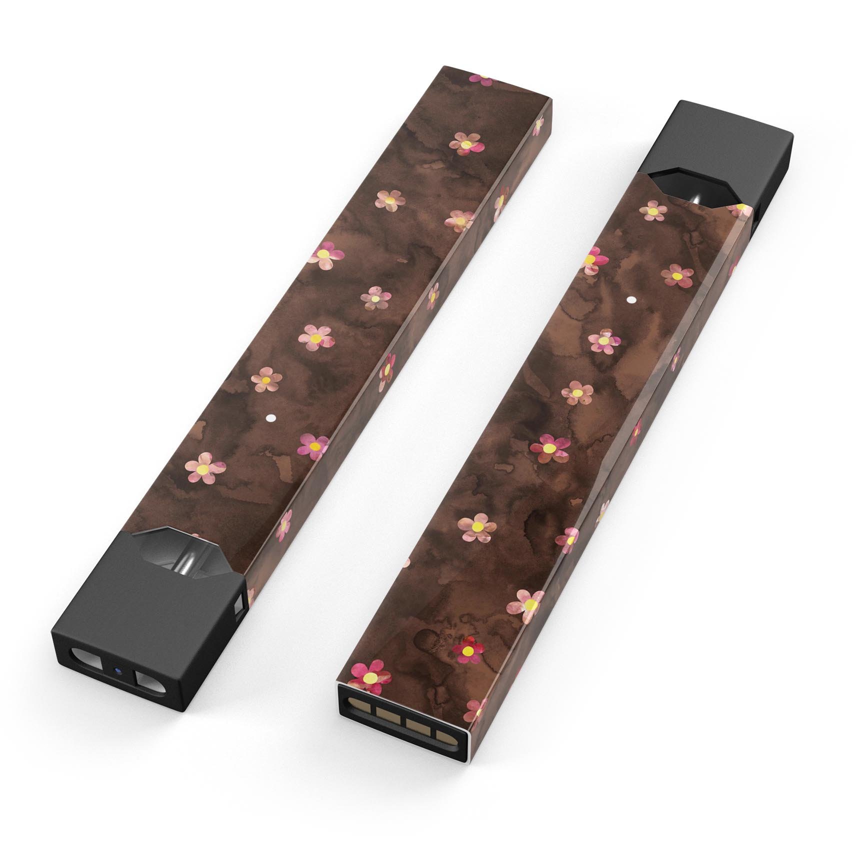 Cute Watercolor Flowers decal for JUUL device, featuring vibrant floral design on a brown background.