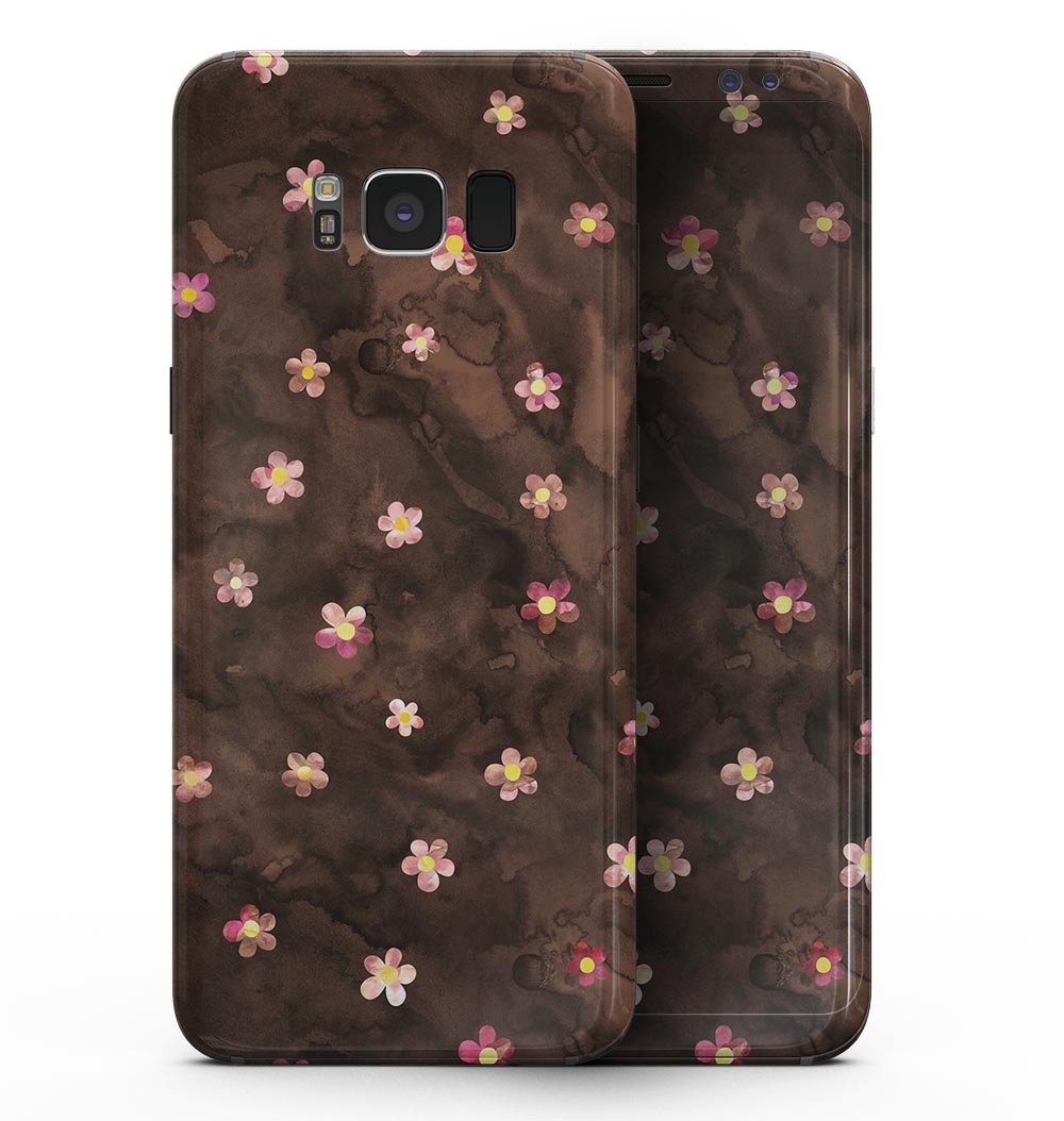 Samsung Galaxy S8 with Cute Watercolor Flowers full-body skin, showcasing vibrant floral design on a brown background.