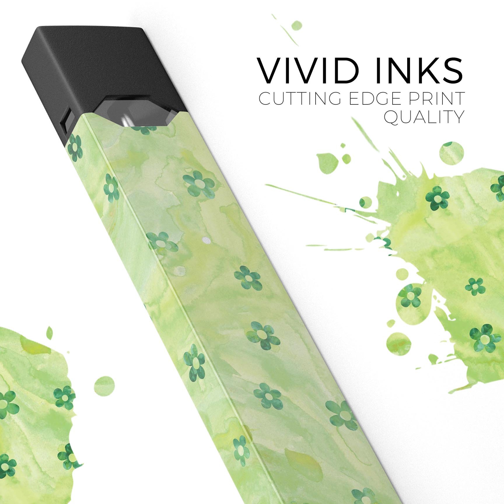 Cute Watercolor Flowers decal for JUUL vaping device, featuring vibrant floral designs over a green background.