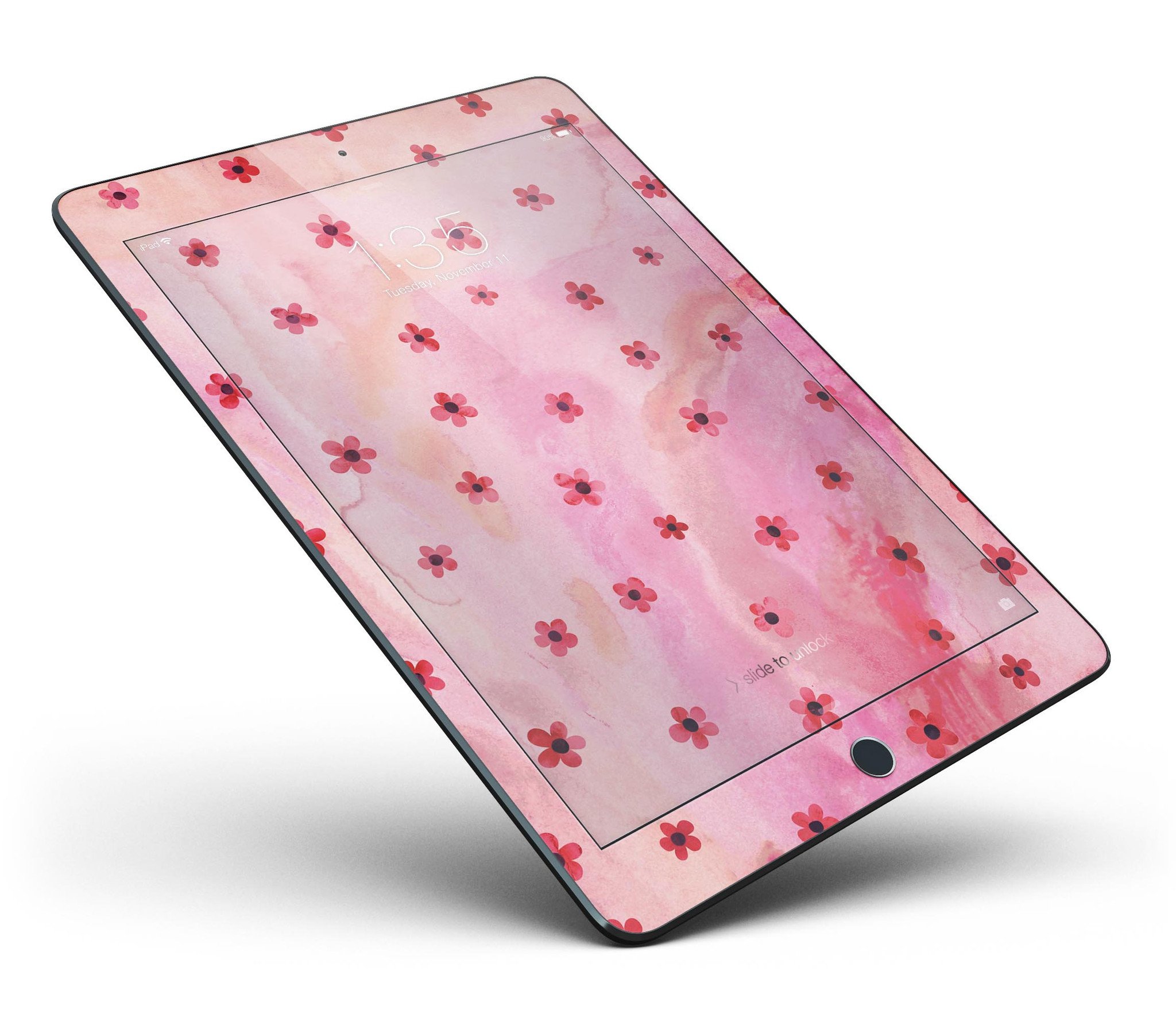Cute Watercolor Flowers design skin for iPad Pro, showcasing vibrant floral patterns on a pink background.