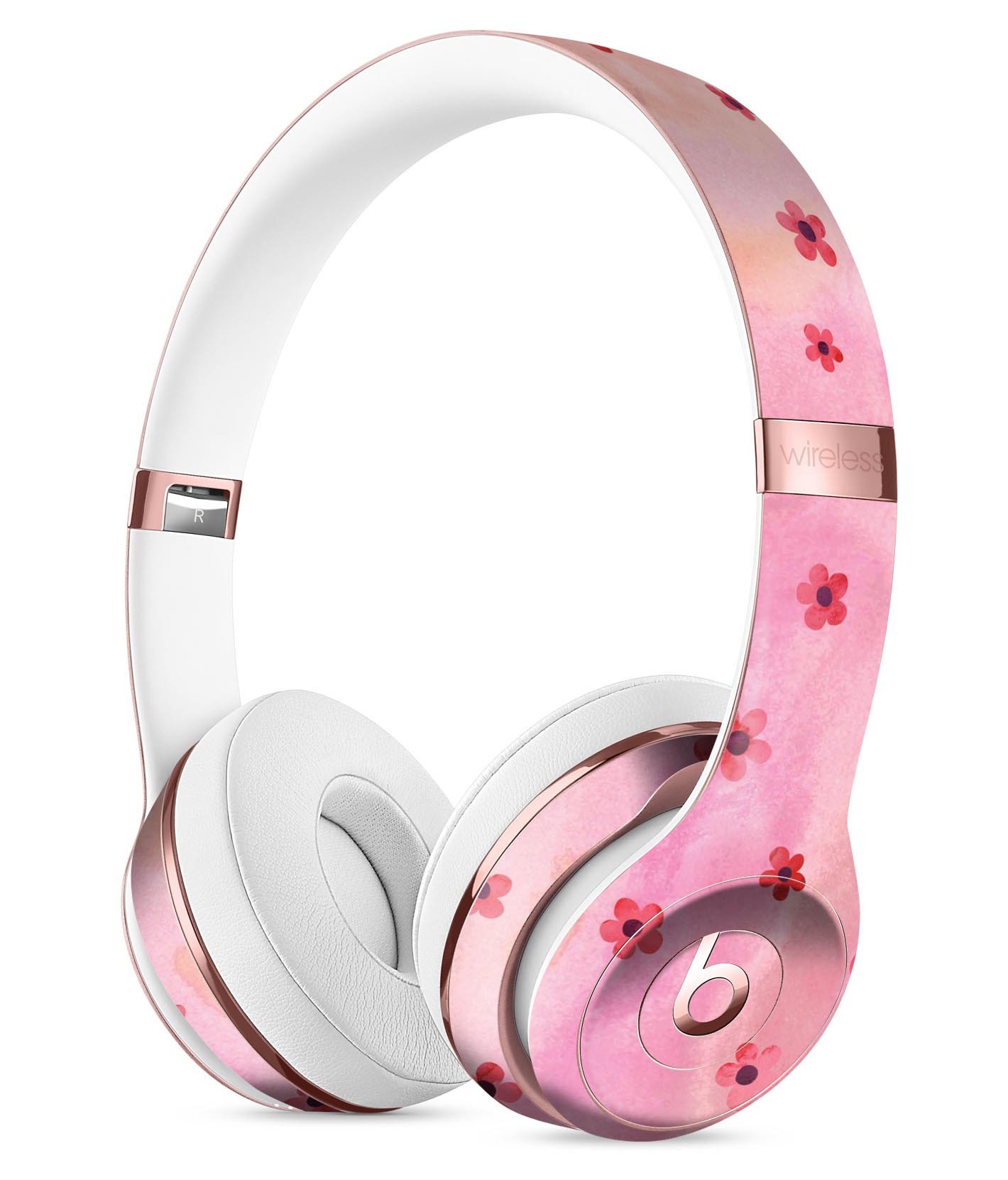 Cute Watercolor Flowers Skin Kit for Beats by Dre Solo 3 Wireless Headphones, showcasing vibrant floral designs on a pink background.