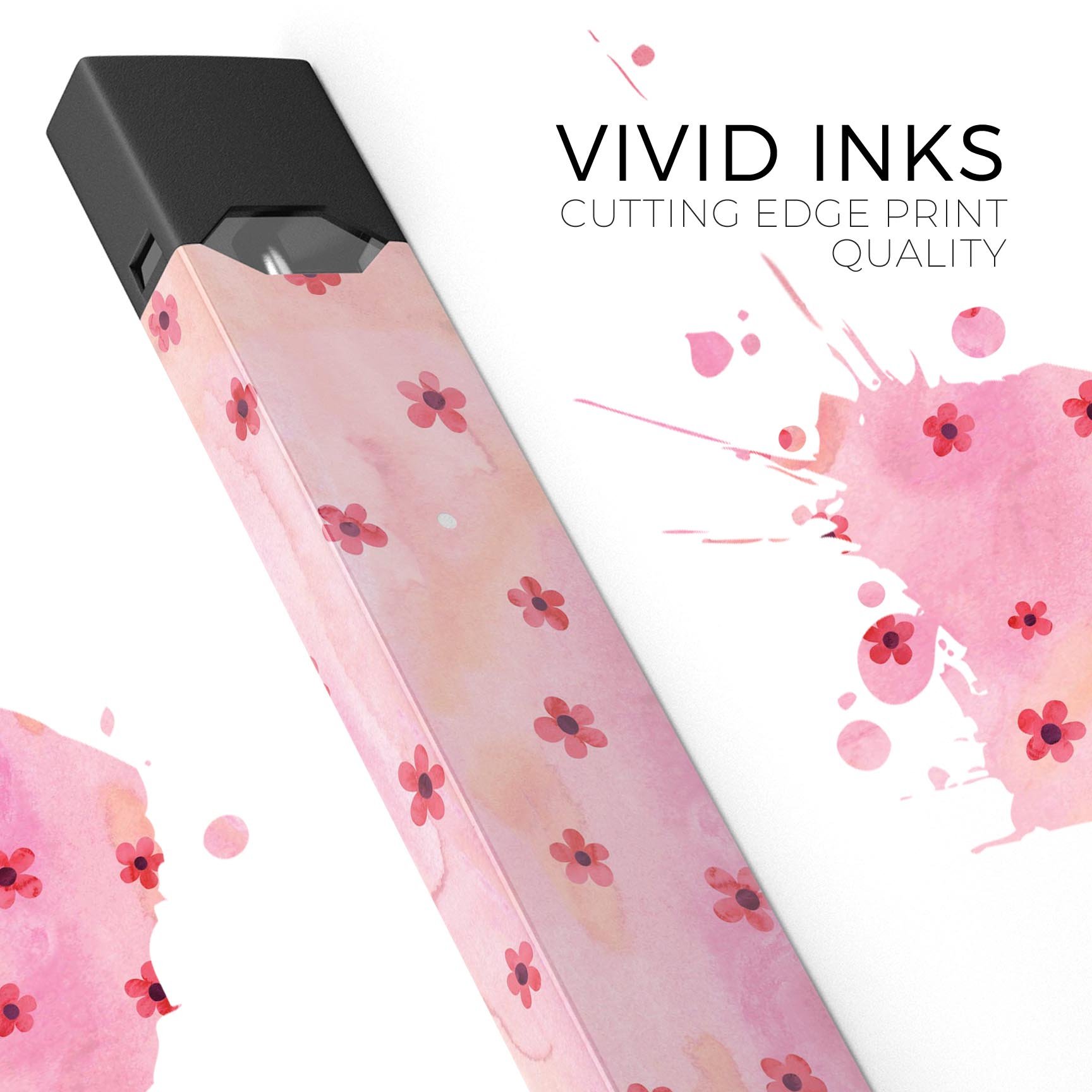 Cute Watercolor Flowers skin wrap for JUUL device, featuring vibrant floral designs on a pink background.