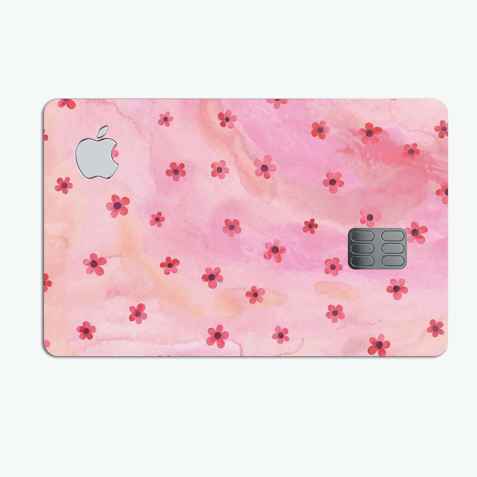 Cute Watercolor Flowers design on a pink background, showcasing a premium protective decal skin for the Apple Card.