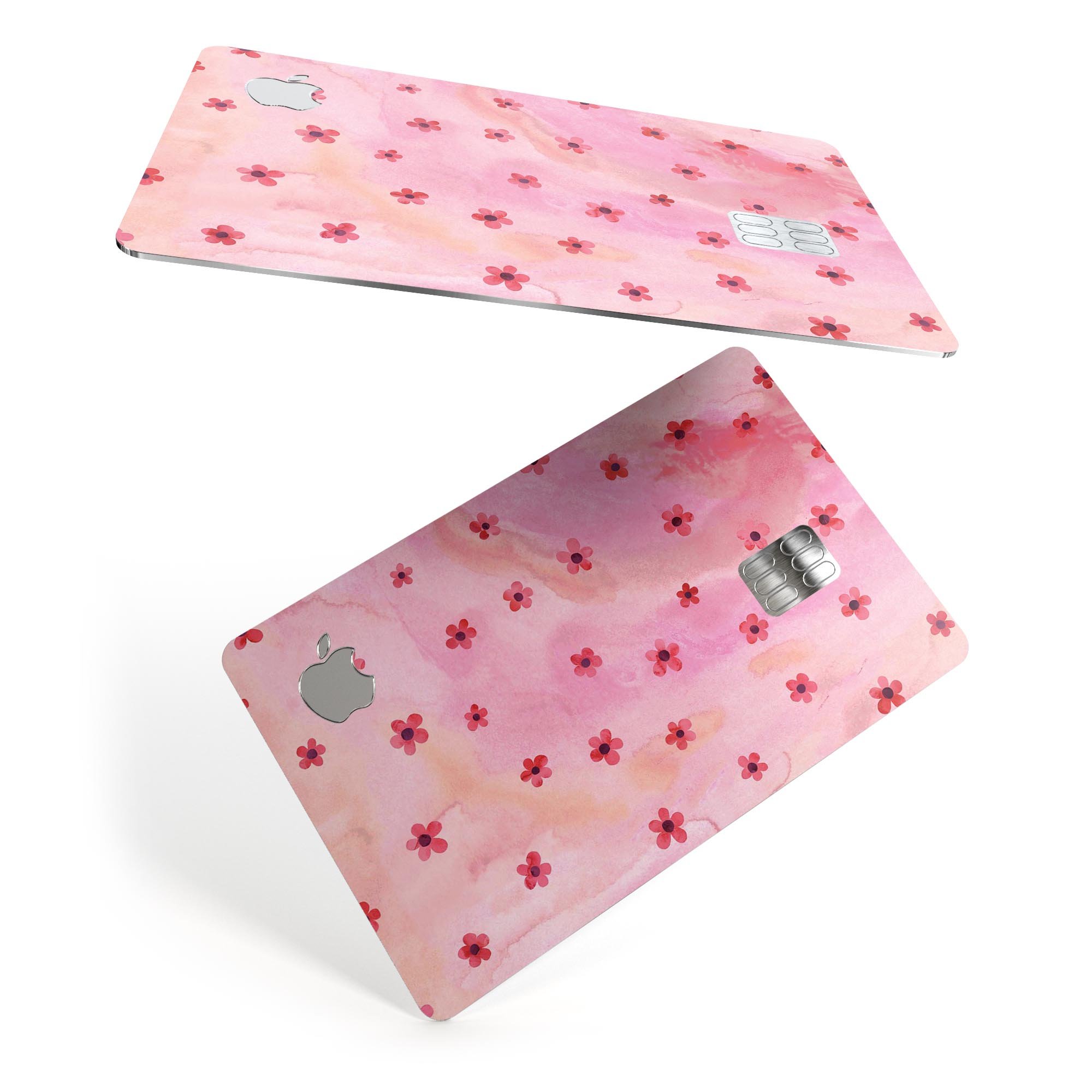 Cute Watercolor Flowers design on a pink background, showcasing a premium protective decal skin for the Apple Card.