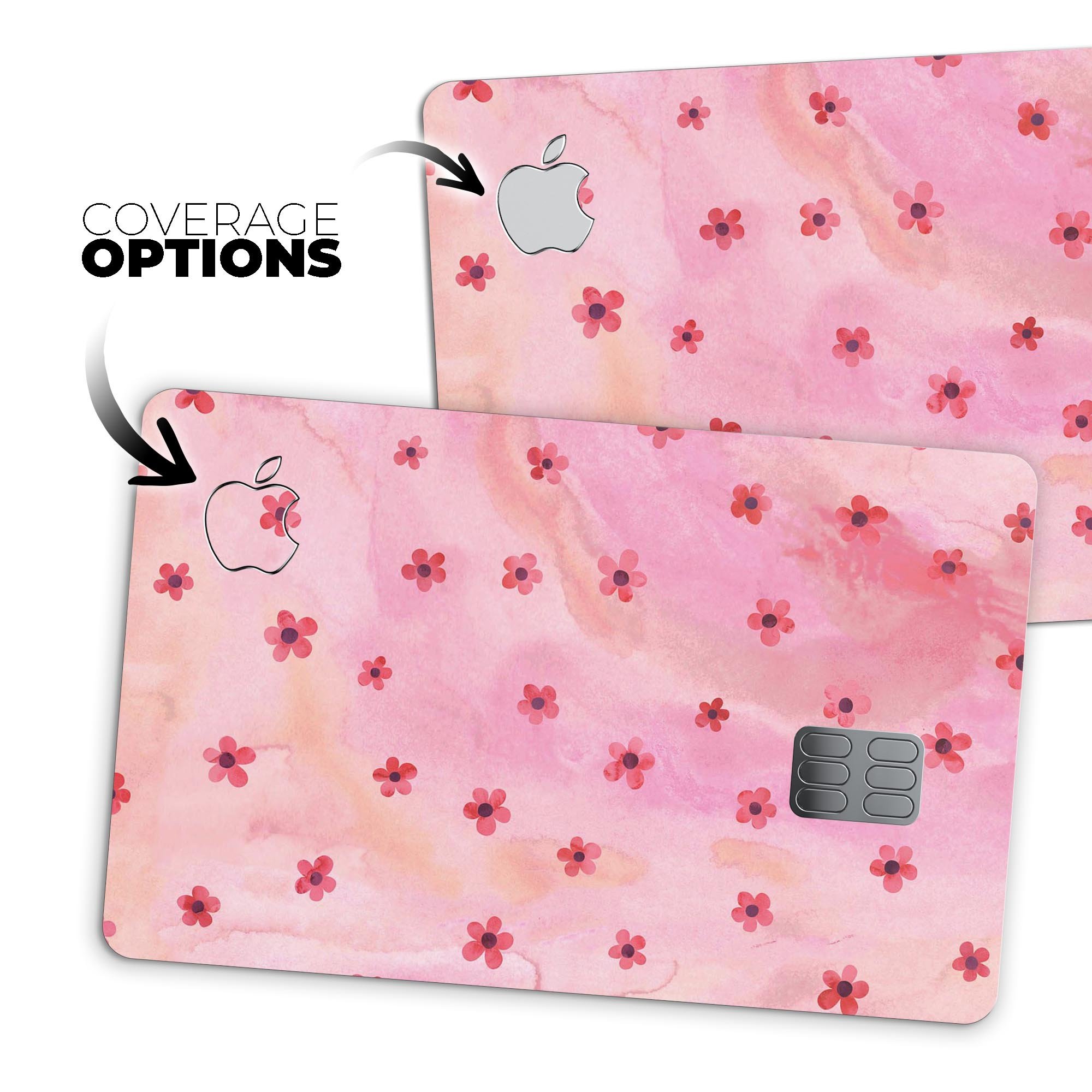 Cute Watercolor Flowers design on a pink background, showcasing a premium protective decal skin for the Apple Card.