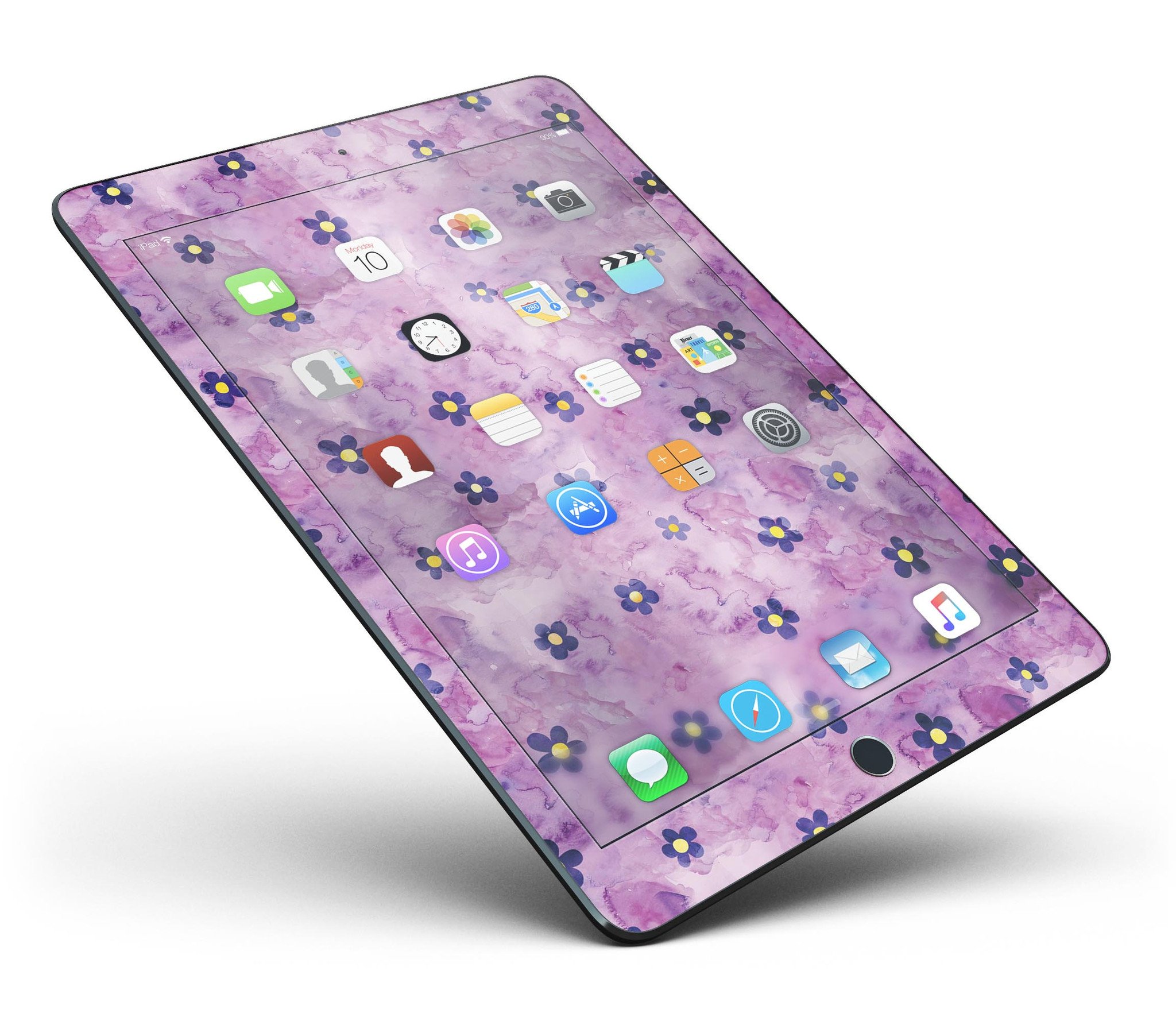 Cute watercolor flowers design on a purple full body skin for iPad Pro, showcasing vibrant colors and artistic patterns.
