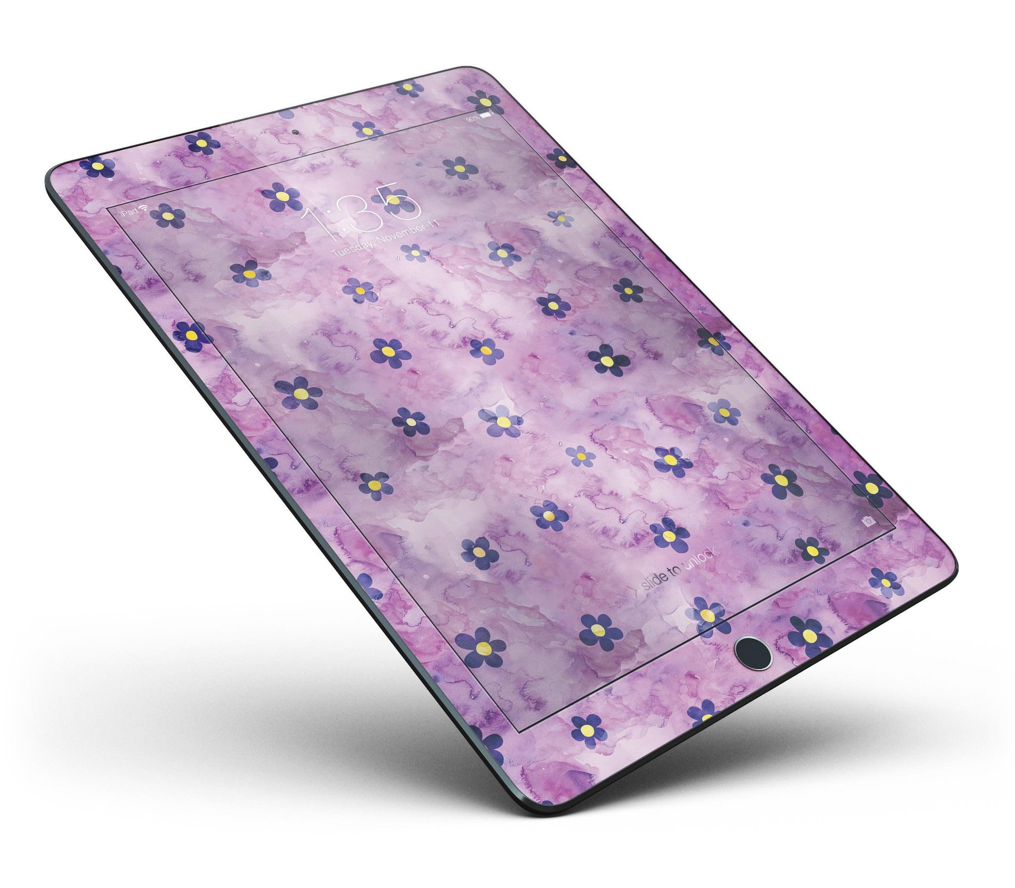 Cute watercolor flowers design on a purple full body skin for iPad Pro, showcasing vibrant colors and artistic patterns.
