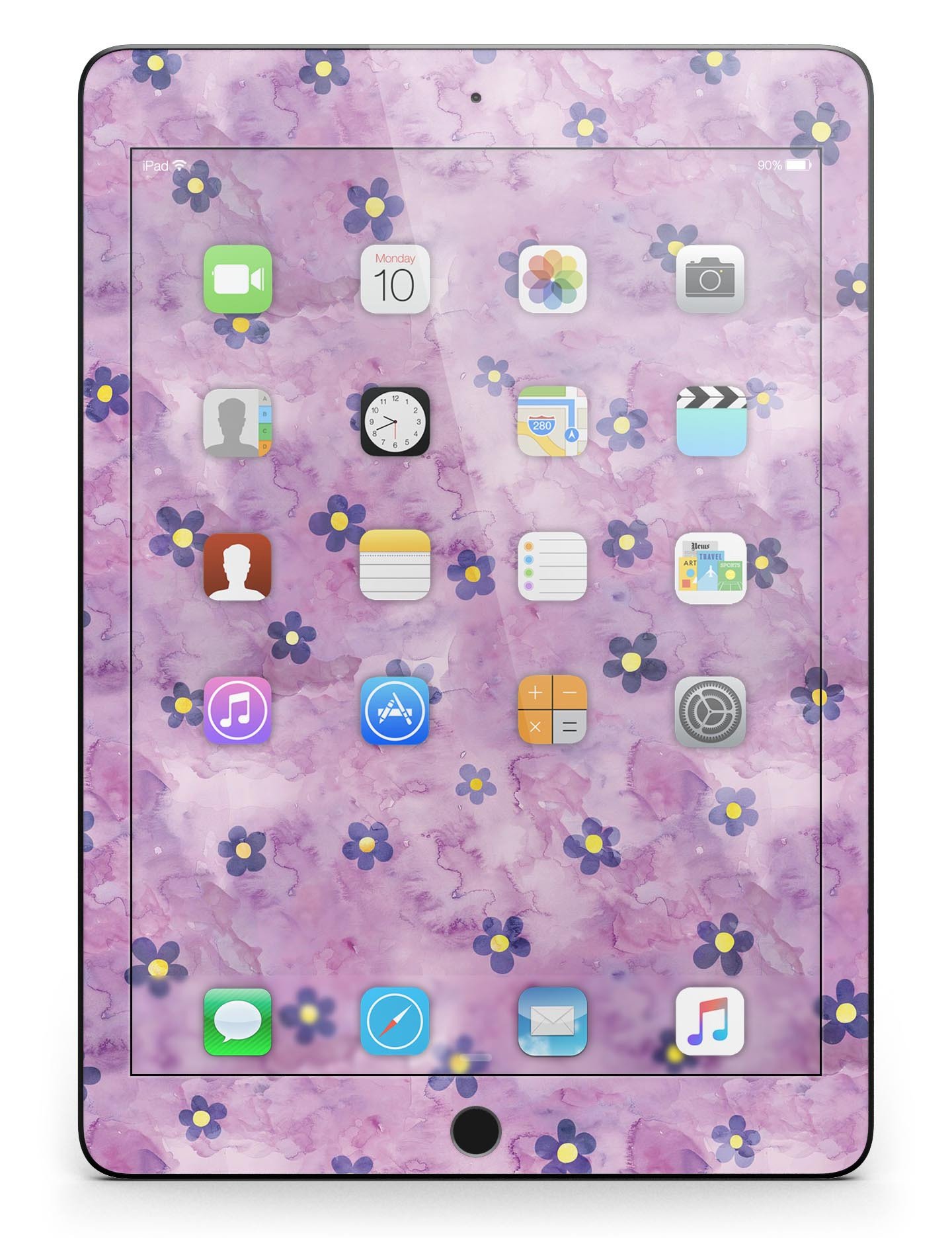 Cute watercolor flowers design on a purple full body skin for iPad Pro, showcasing vibrant colors and artistic patterns.