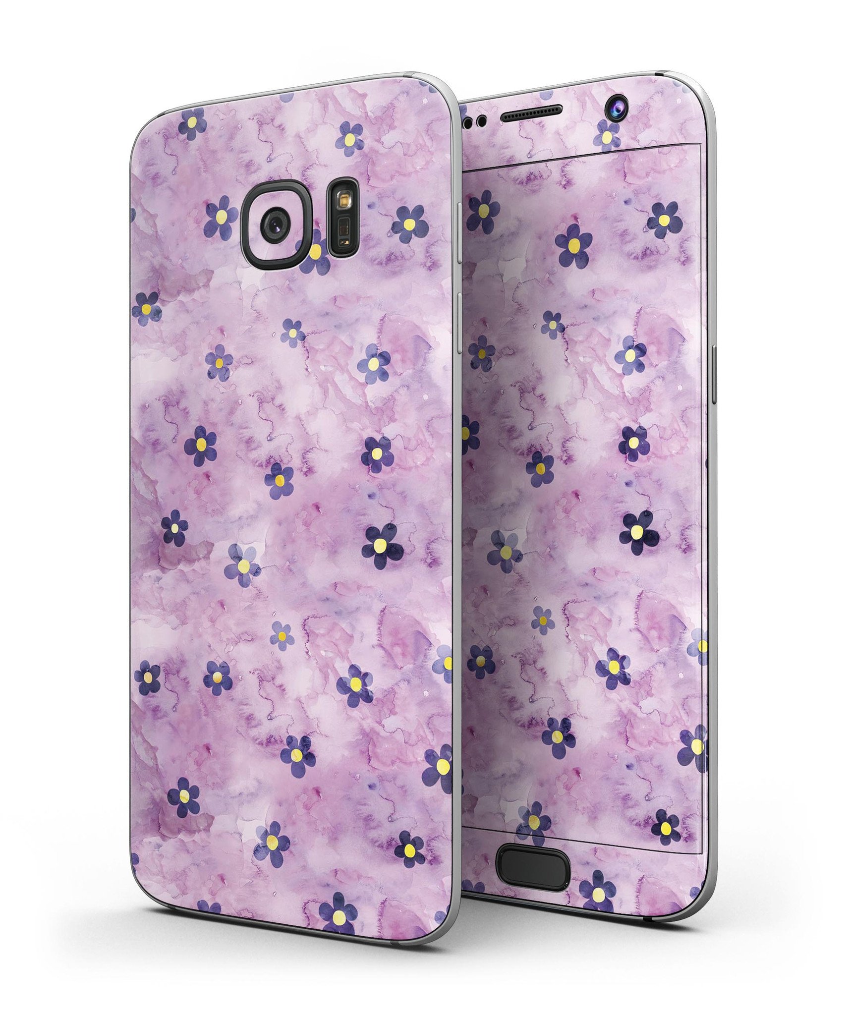 Cute Watercolor Flowers skin kit for Samsung Galaxy S7 and S7 Edge, showcasing vibrant floral design on a purple background.