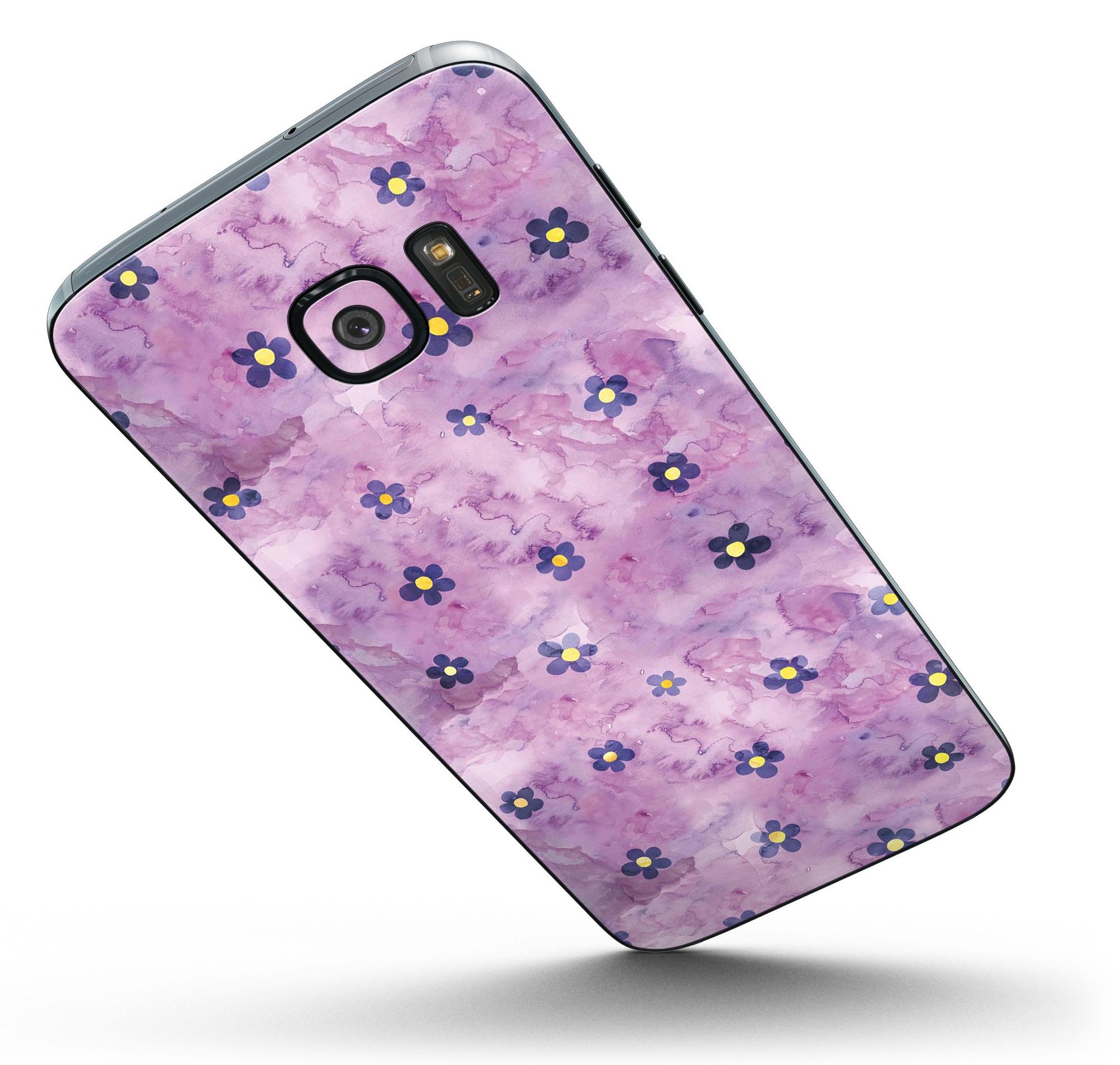 Cute Watercolor Flowers skin kit for Samsung Galaxy S7 and S7 Edge, showcasing vibrant floral design on a purple background.