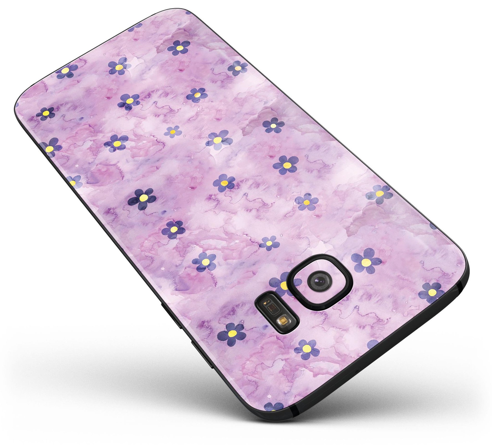 Cute Watercolor Flowers skin kit for Samsung Galaxy S7 and S7 Edge, showcasing vibrant floral design on a purple background.