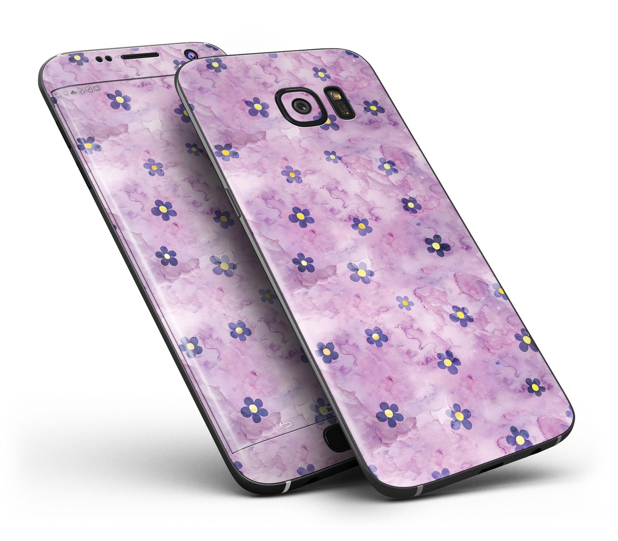 Cute Watercolor Flowers skin kit for Samsung Galaxy S7 and S7 Edge, showcasing vibrant floral design on a purple background.