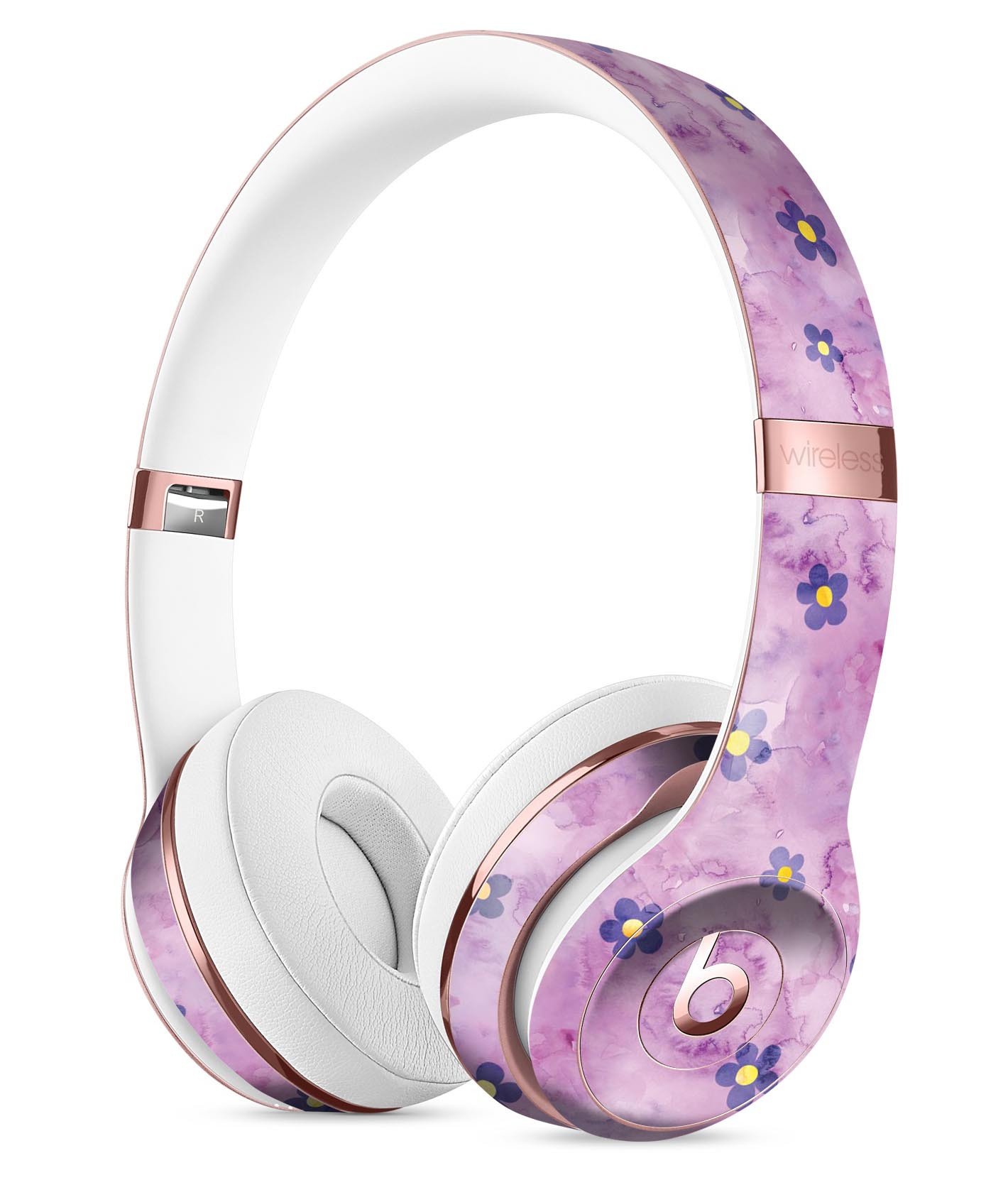 Cute Watercolor Flowers Full-Body Skin Kit for Beats by Dre Solo 3 Wireless Headphones, showcasing vibrant floral patterns on a purple background.