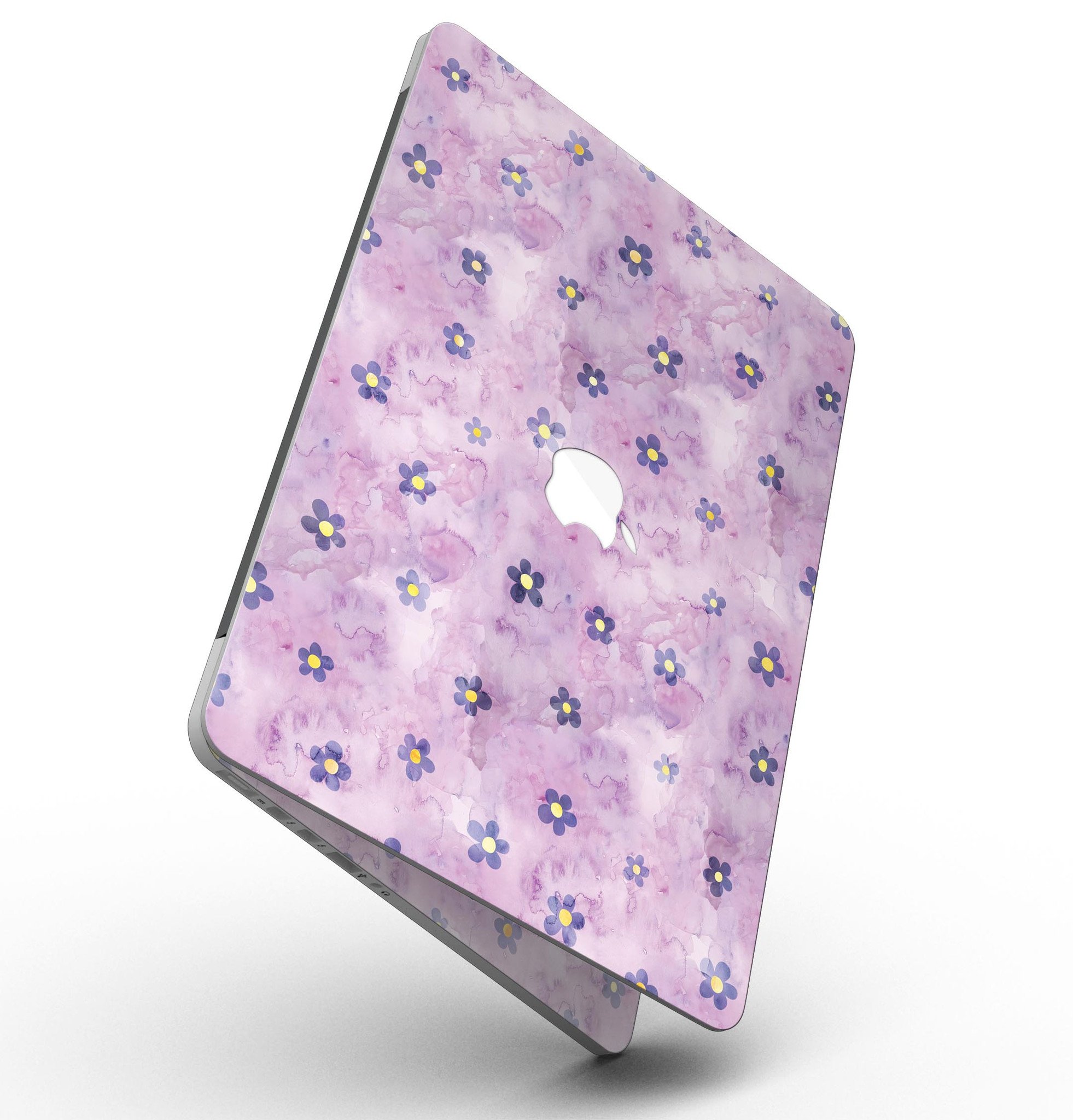 Cute watercolor flowers design skin for MacBook Pro with Retina Display, showcasing vibrant colors on a purple background.