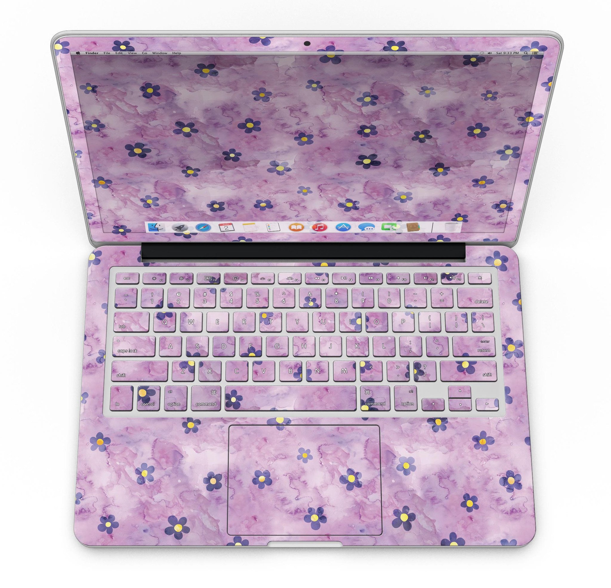 Cute watercolor flowers design skin for MacBook Pro with Retina Display, showcasing vibrant colors on a purple background.
