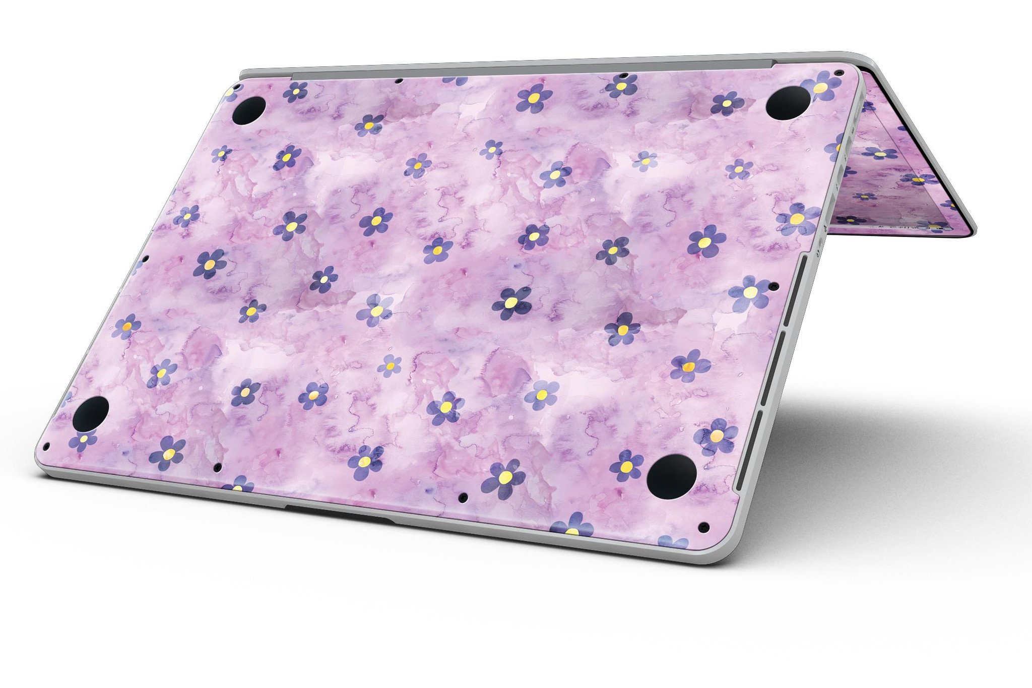 Cute watercolor flowers design skin for MacBook Pro with Retina Display, showcasing vibrant colors on a purple background.