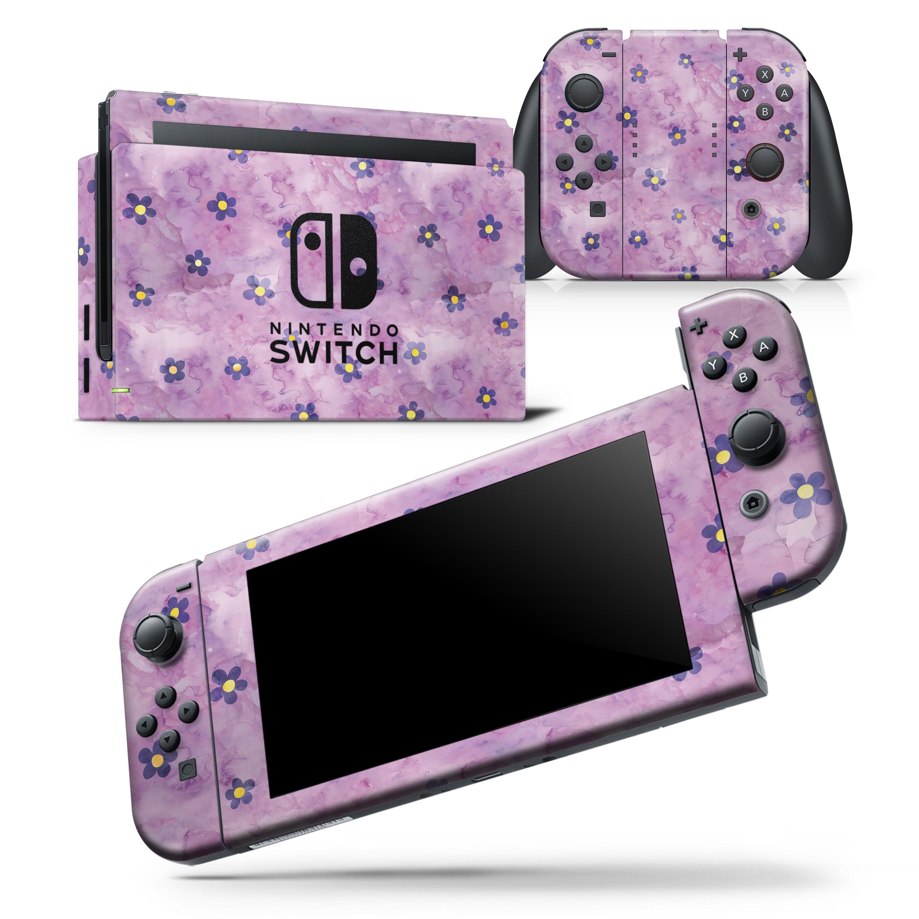 Cute Watercolor Flowers skin wrap decal for Nintendo Switch, featuring vibrant floral designs on a purple background.