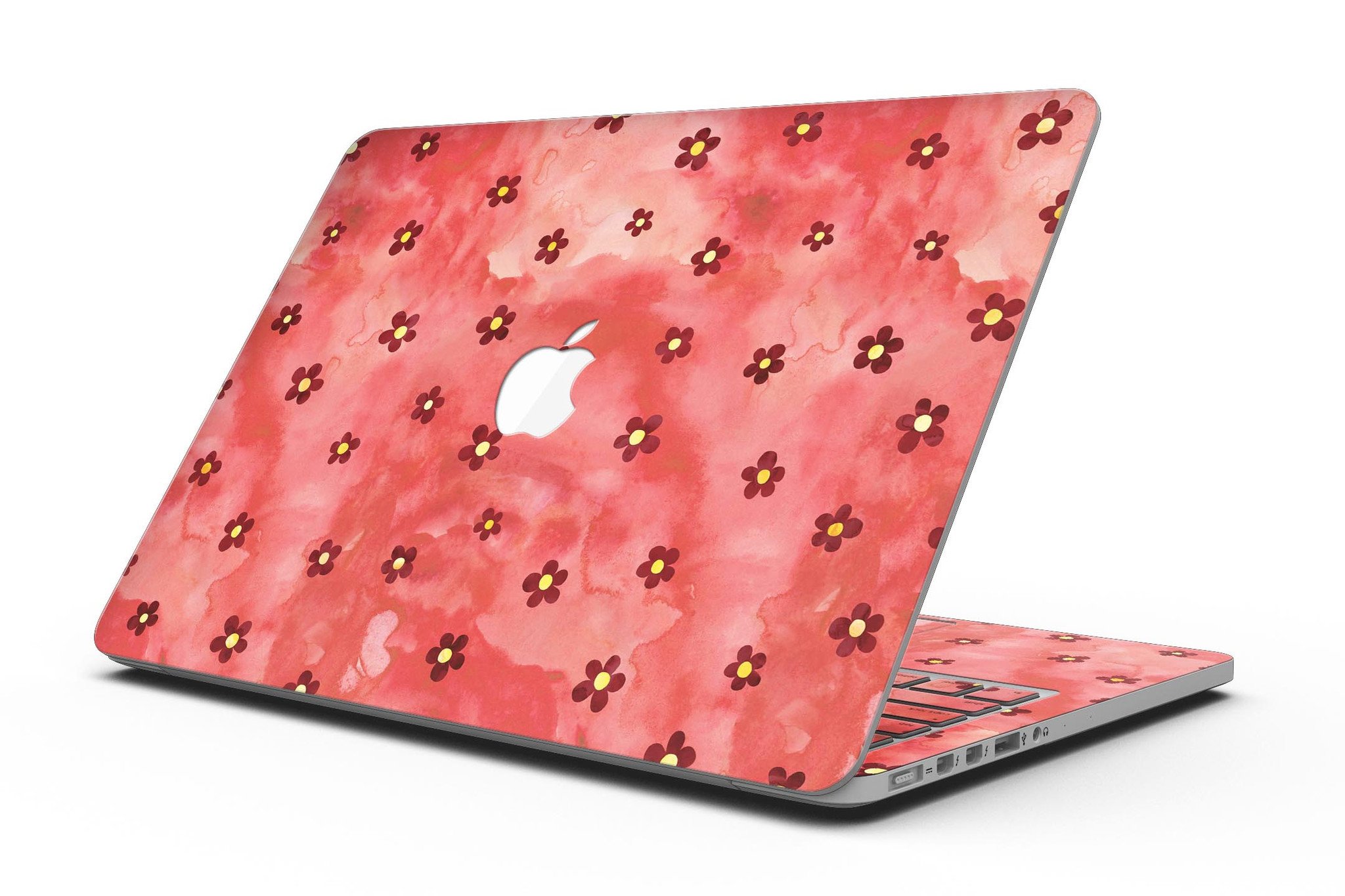Cute Watercolor Flowers skin for MacBook Pro with Retina Display, showcasing vibrant floral designs on a red background.