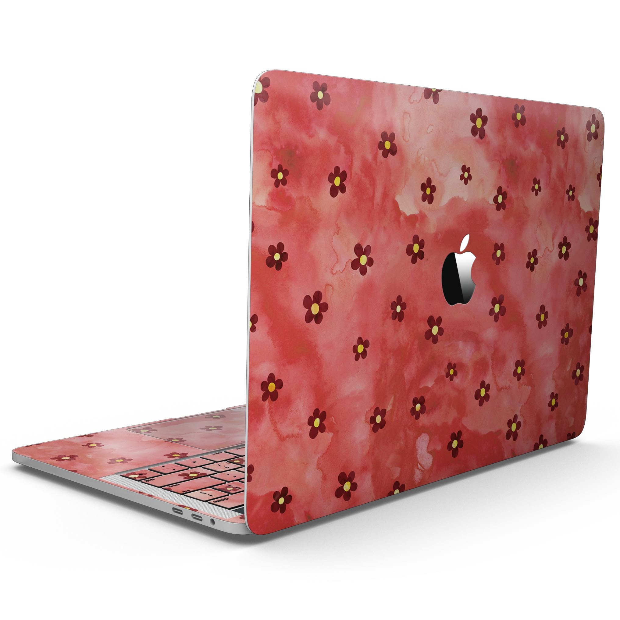 Cute Watercolor Flowers design skin for MacBook Pro with Touch Bar, showcasing vibrant floral patterns on a red background.