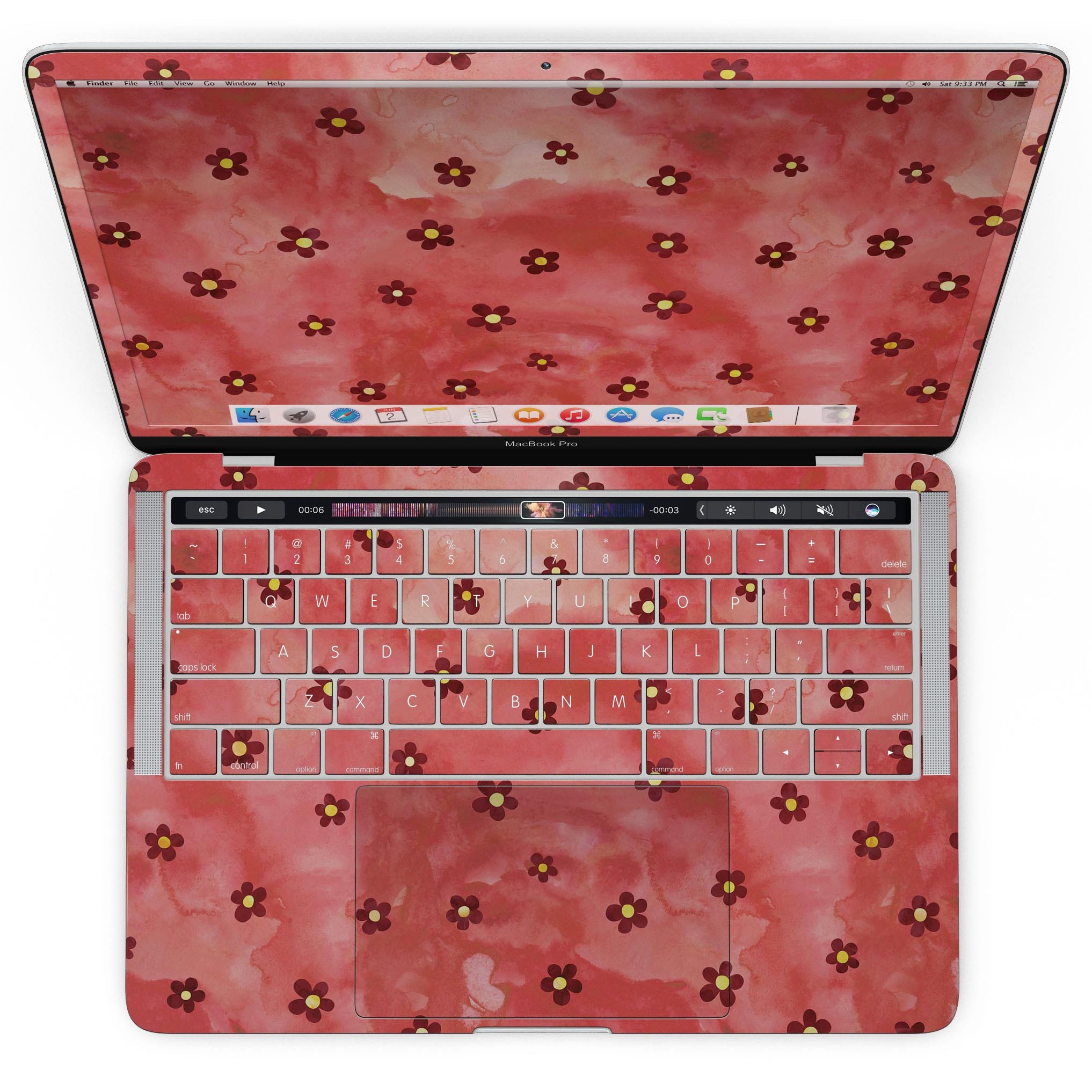 Cute Watercolor Flowers design skin for MacBook Pro with Touch Bar, showcasing vibrant floral patterns on a red background.