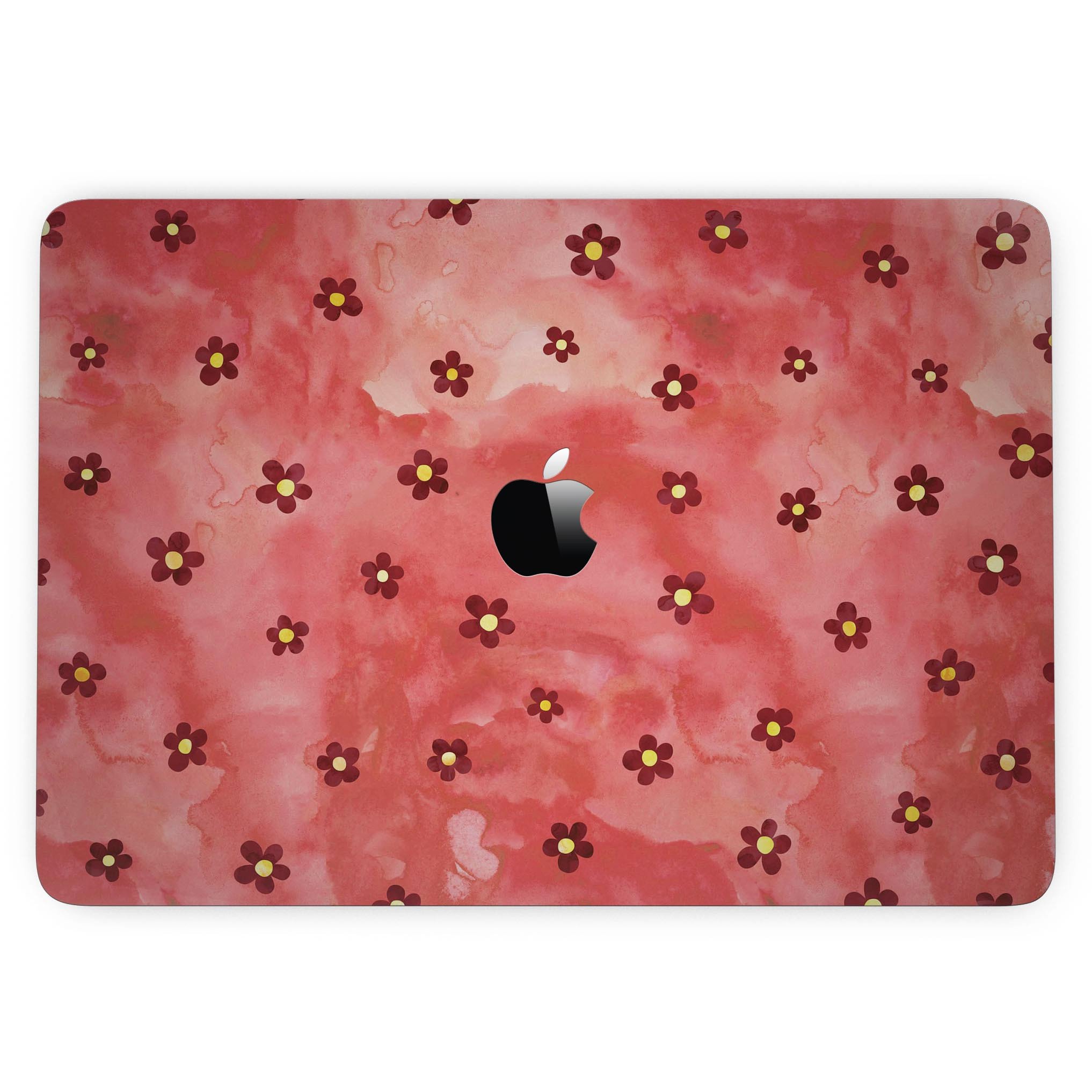 Cute Watercolor Flowers design skin for MacBook Pro with Touch Bar, showcasing vibrant floral patterns on a red background.