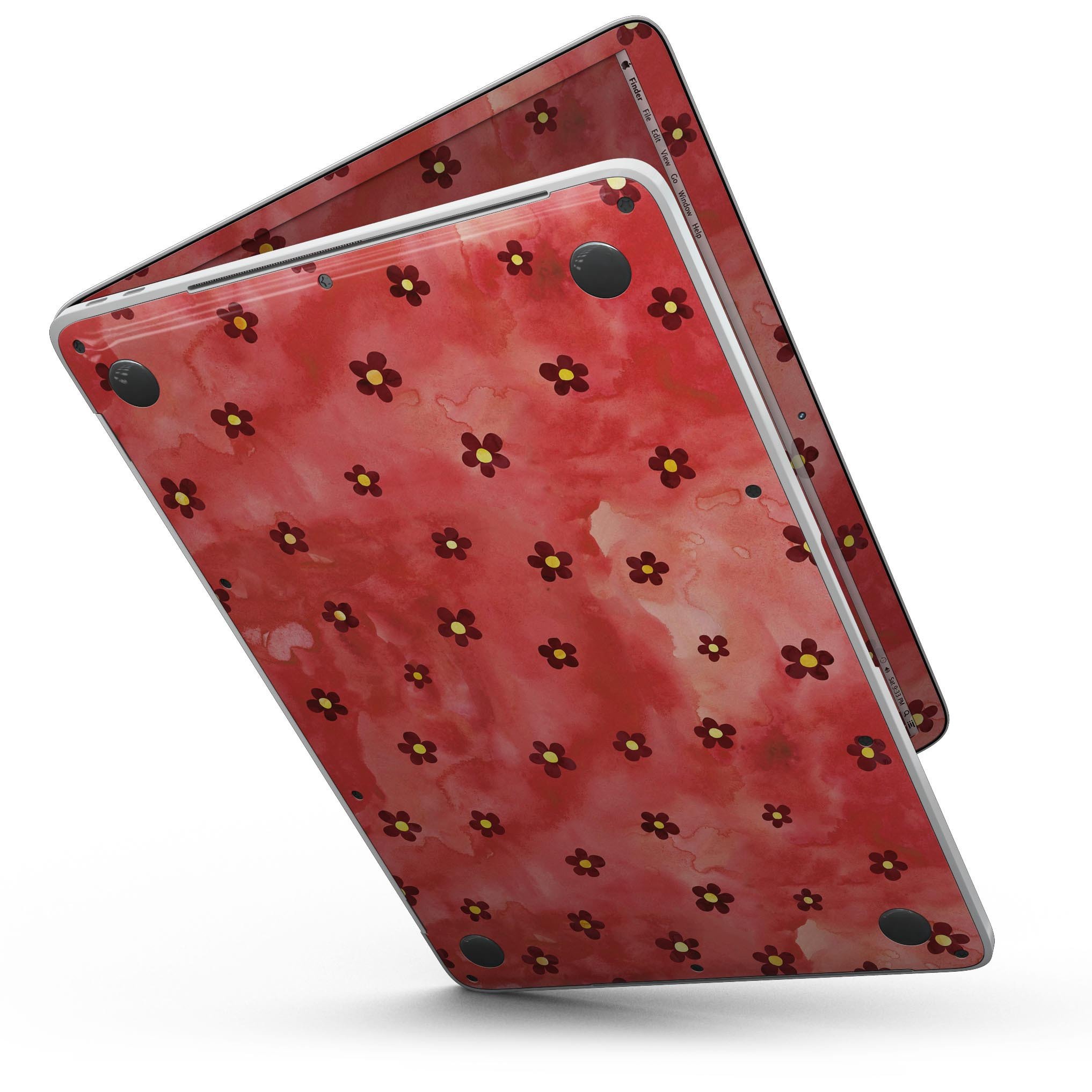Cute Watercolor Flowers design skin for MacBook Pro with Touch Bar, showcasing vibrant floral patterns on a red background.