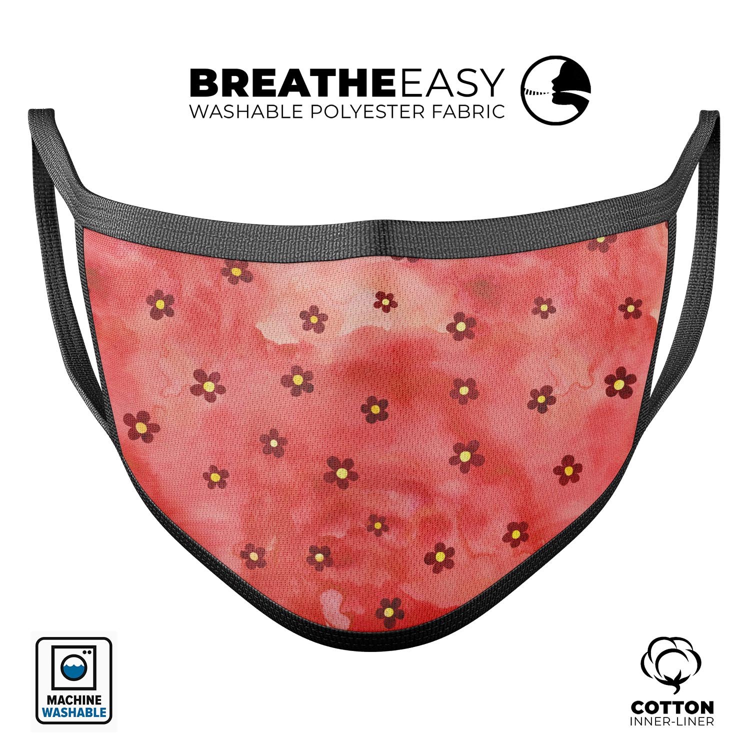 Cute watercolor flowers design on a red background, showcasing a reusable 3D face mask made in the USA, featuring adjustable ear loops for a comfortable fit.
