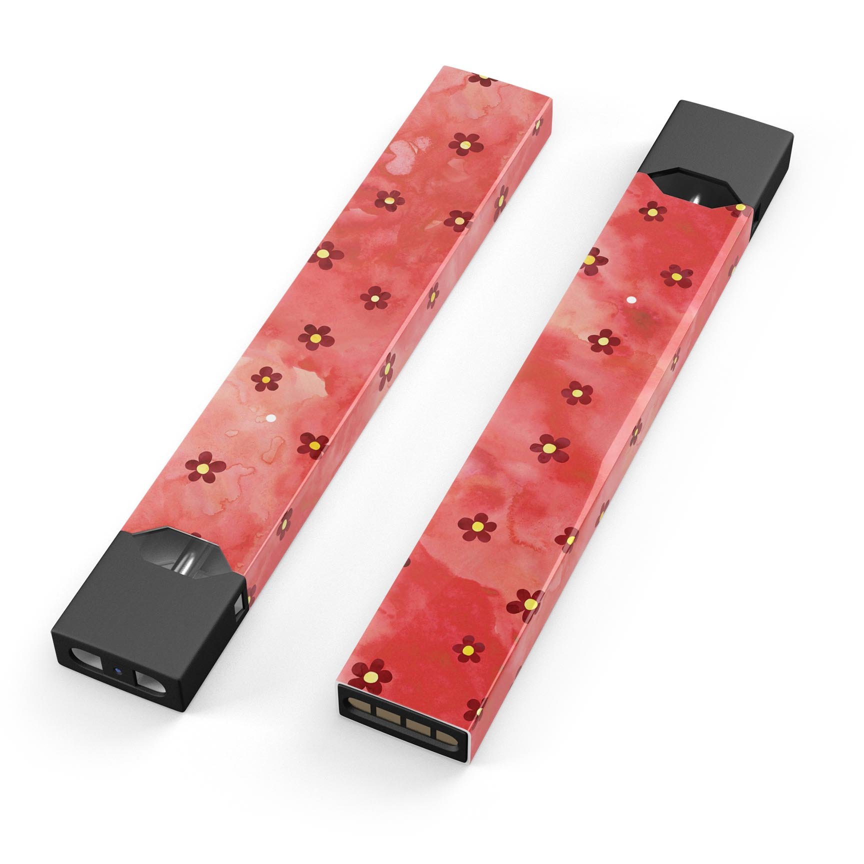 Cute Watercolor Flowers skin wrap for JUUL device, featuring vibrant floral design on a red background.