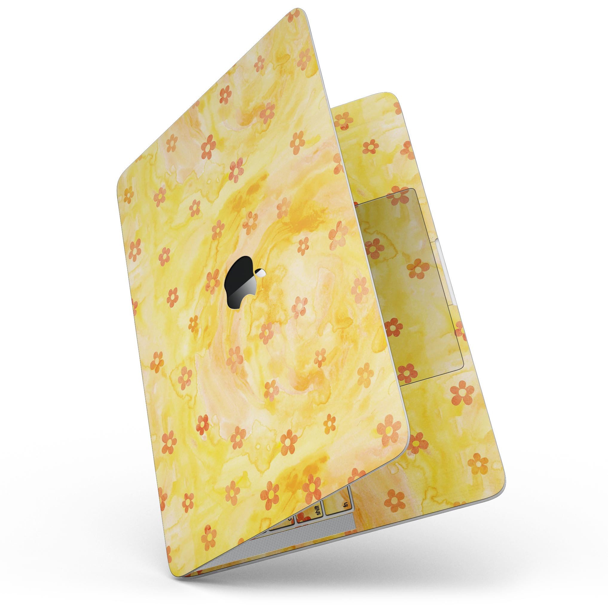 Cute watercolor flowers design skin for 13" MacBook Pro without Touch Bar, showcasing vibrant colors on a yellow background.
