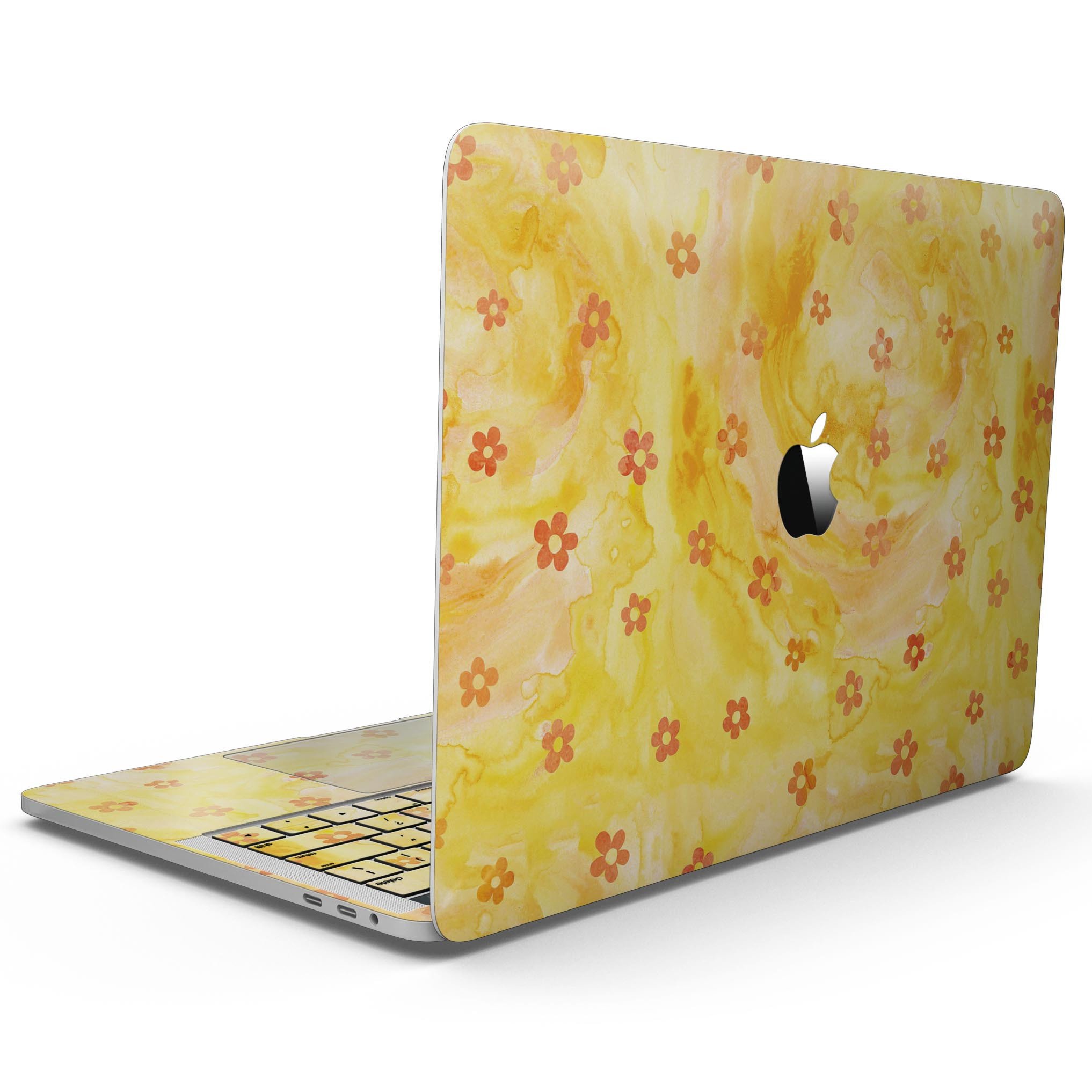 Cute watercolor flowers design skin for 13" MacBook Pro without Touch Bar, showcasing vibrant colors on a yellow background.