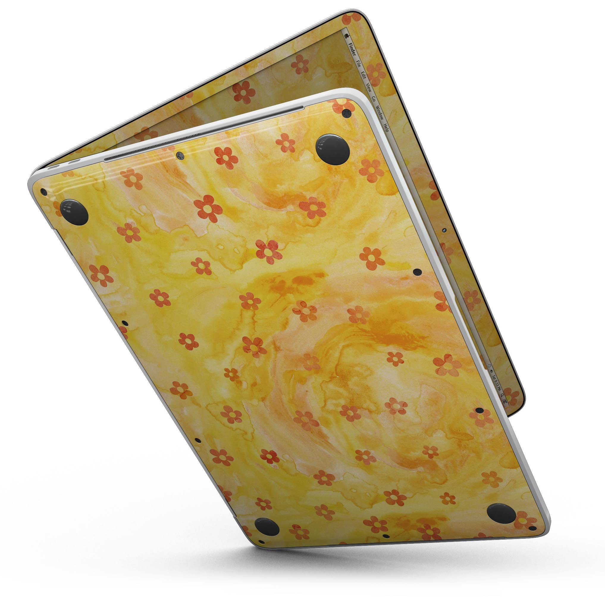 Cute watercolor flowers design skin for 13" MacBook Pro without Touch Bar, showcasing vibrant colors on a yellow background.