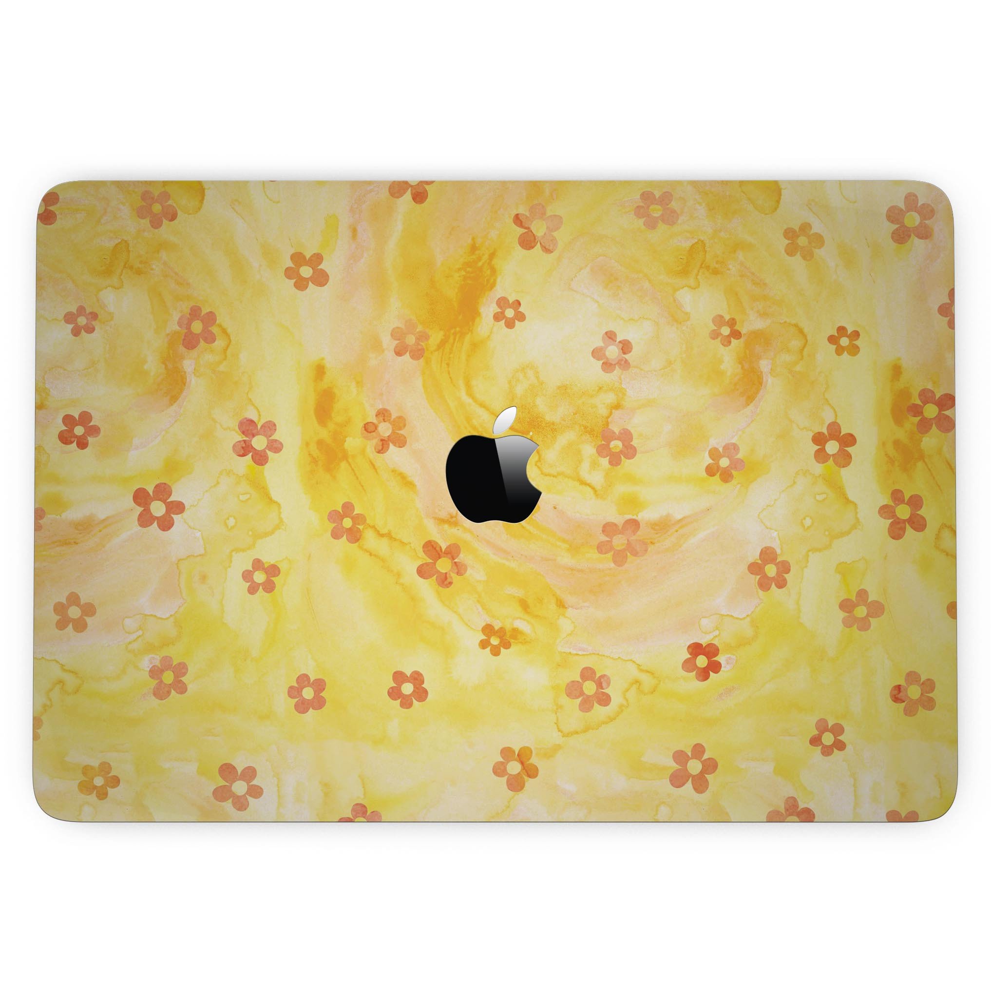 Cute watercolor flowers design skin for 13" MacBook Pro without Touch Bar, showcasing vibrant colors on a yellow background.