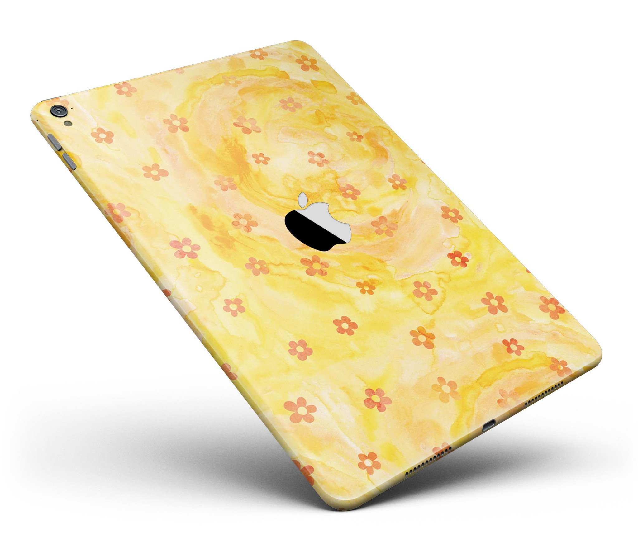 Cute watercolor flowers design on a yellow full body skin for iPad Pro, showcasing vibrant colors and a stylish look.