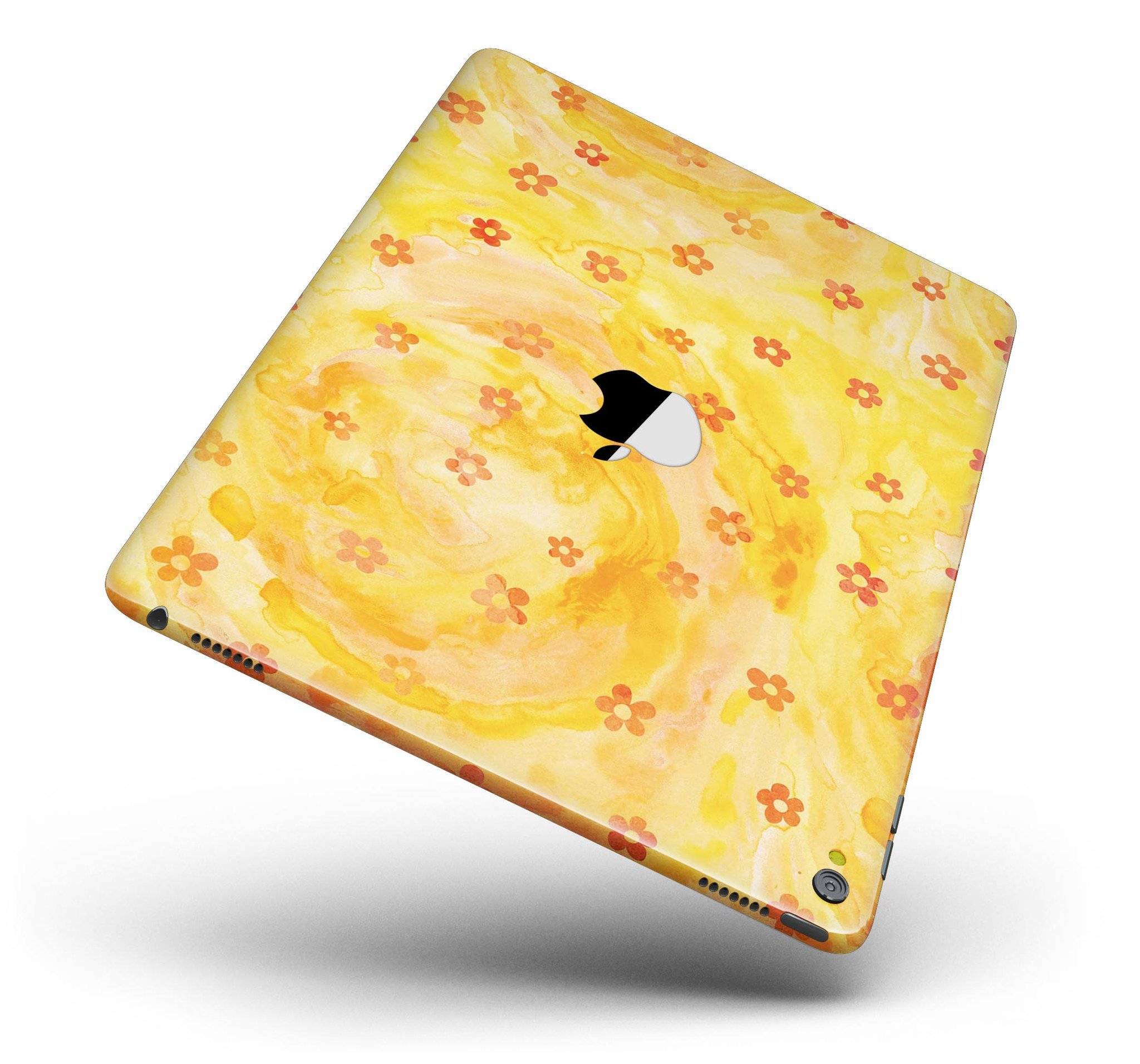 Cute watercolor flowers design on a yellow full body skin for iPad Pro, showcasing vibrant colors and a stylish look.
