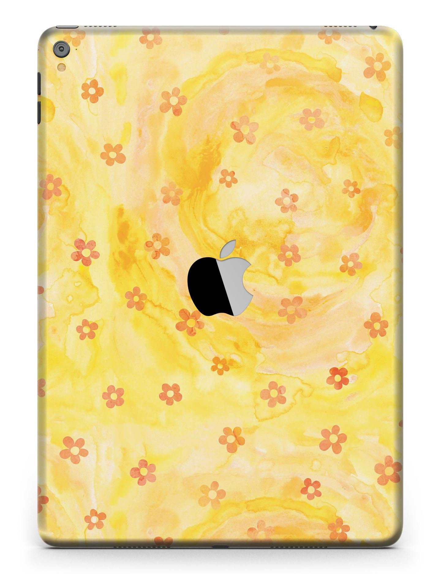Cute watercolor flowers design on a yellow full body skin for iPad Pro, showcasing vibrant colors and a stylish look.