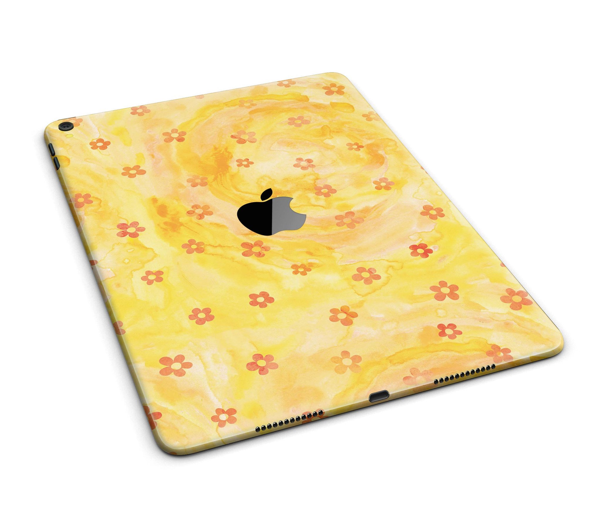 Cute watercolor flowers design on a yellow full body skin for iPad Pro, showcasing vibrant colors and a stylish look.