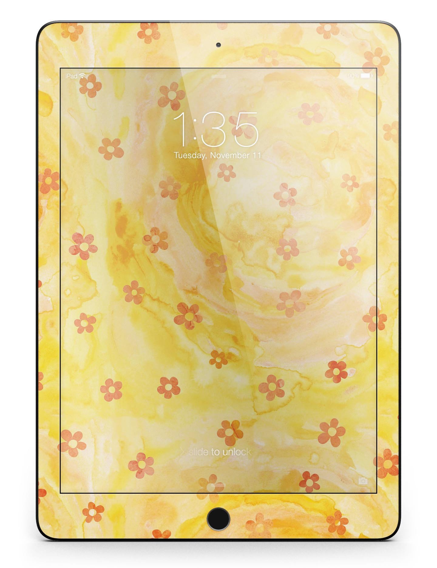 Cute watercolor flowers design on a yellow full body skin for iPad Pro, showcasing vibrant colors and a stylish look.